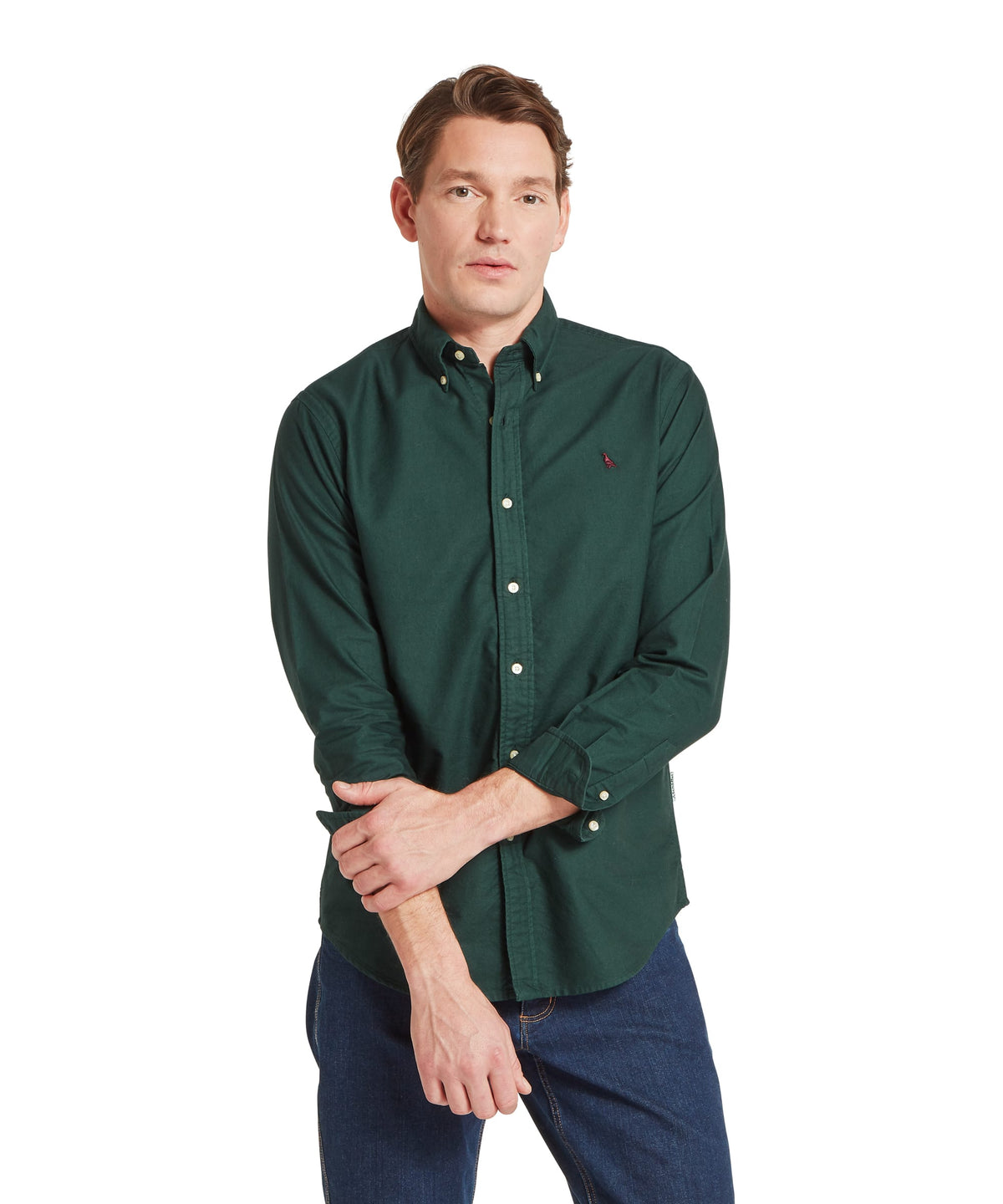 Dark green cavendish oxford button-down shirt with small embroidered logo on left chest in deep