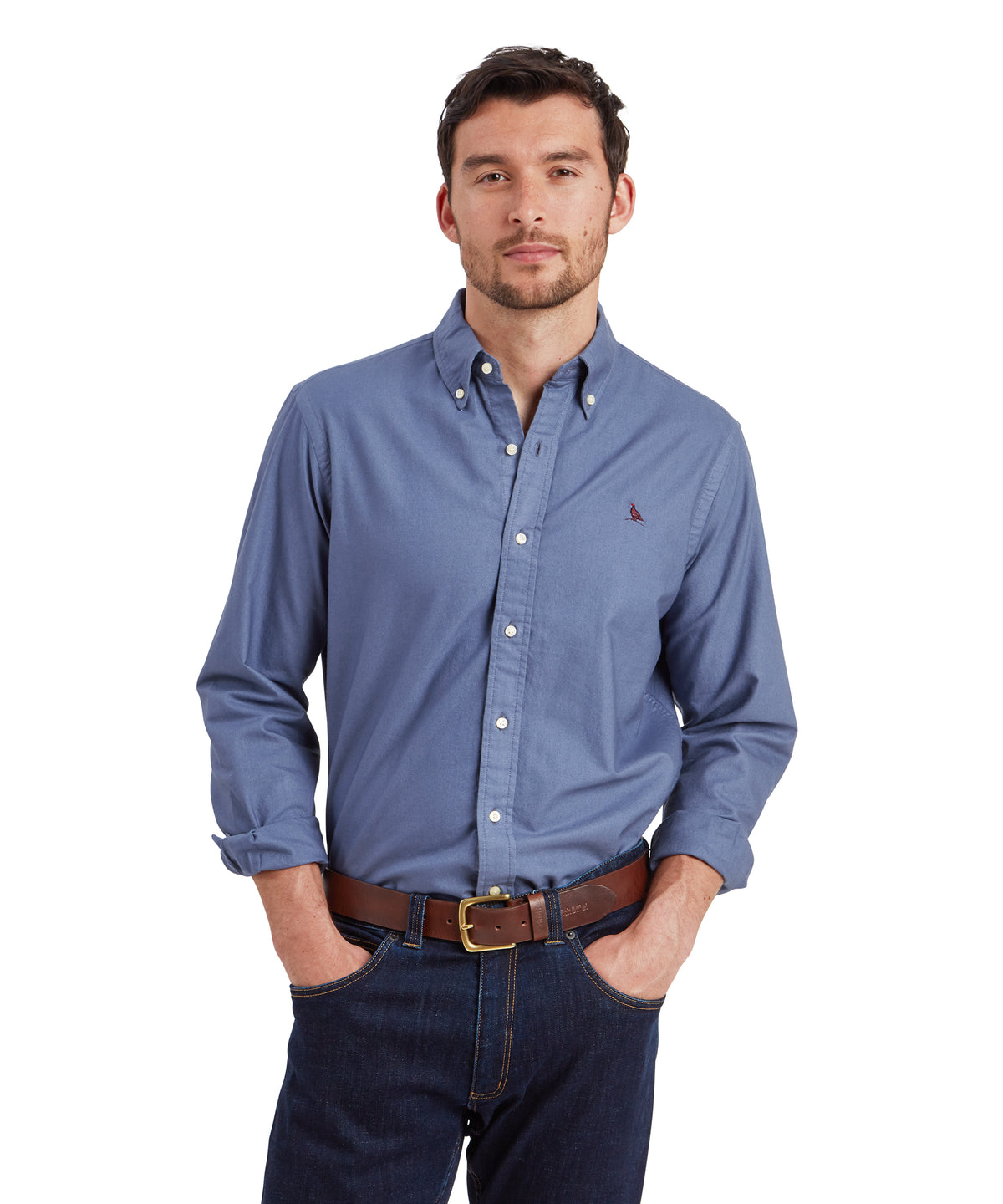 Vintage navy cavendish oxford shirt featuring a blue button-down design with a small red bird logo