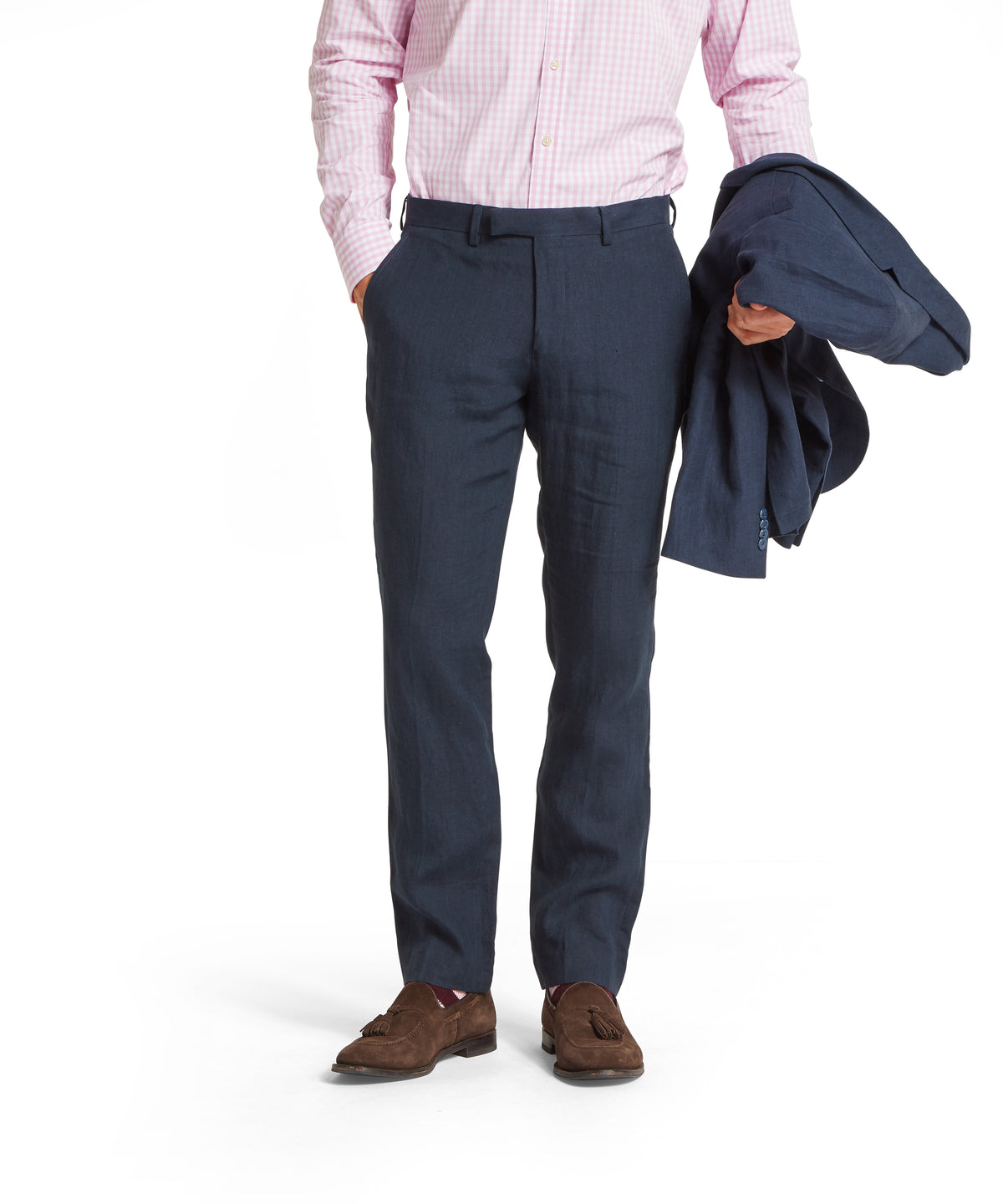 Navy classic fit Chilham linen trousers with subtle pleats made from wool for a refined look