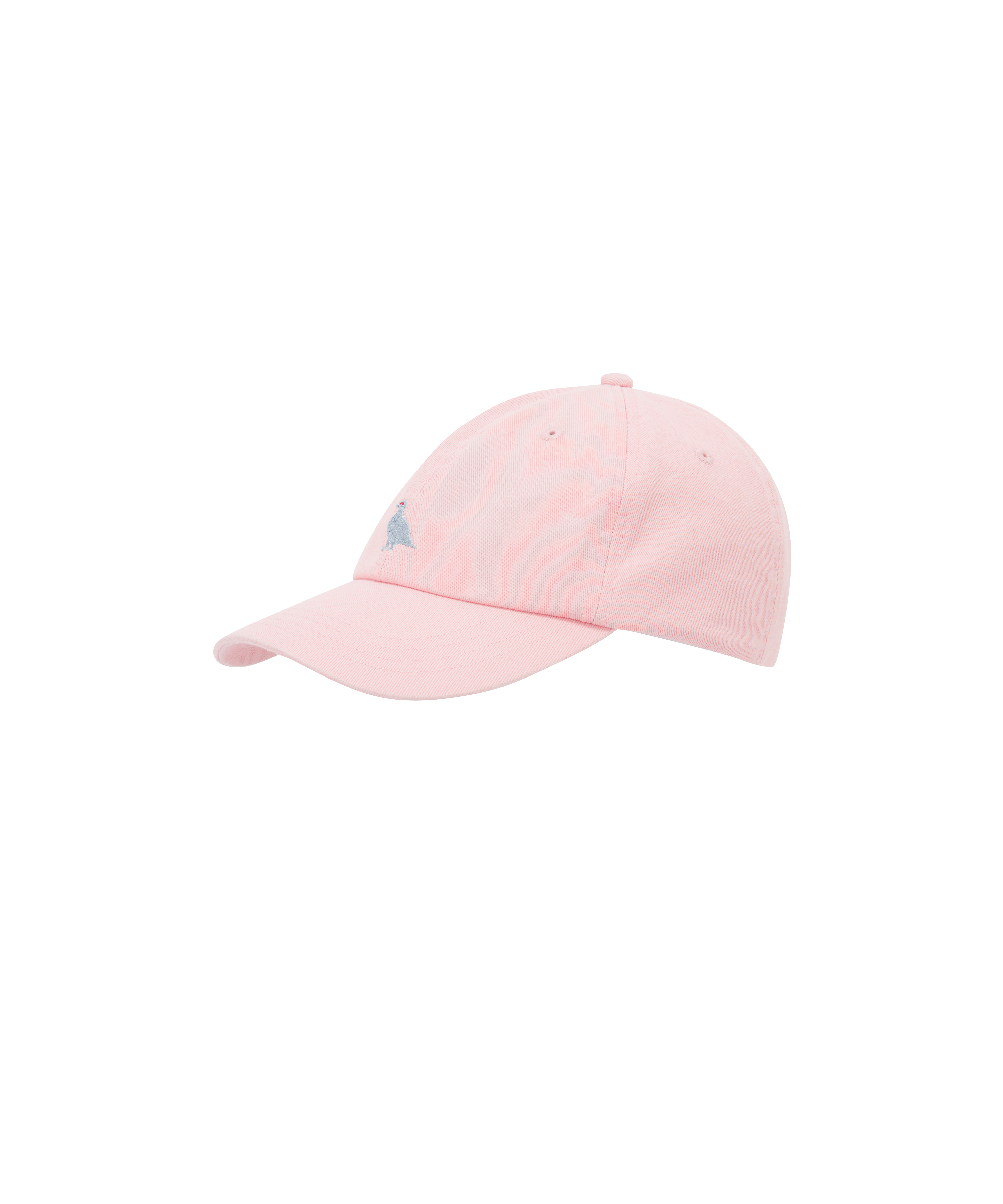 Pink baseball cap with a small blue ptarmigan logo on a white background