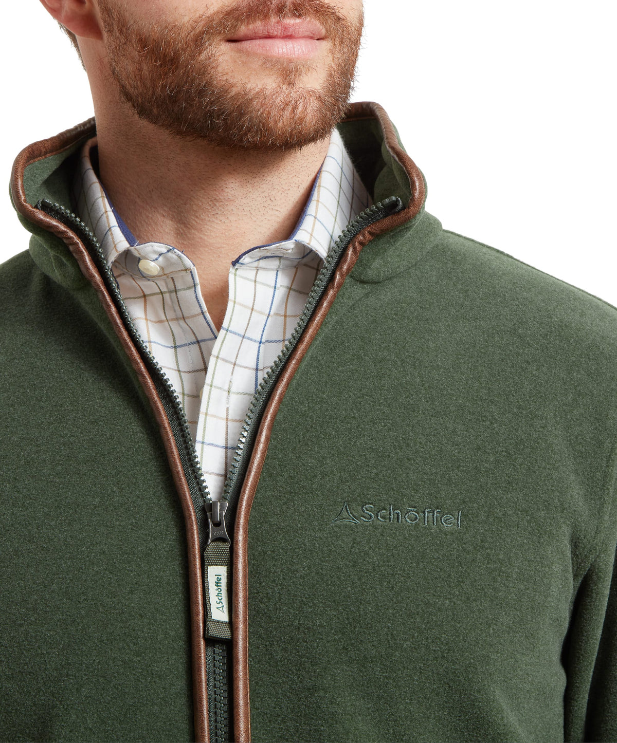 Dark green schöffel cottesmore fleece jacket with brown leather trim on zipper and collar in cedar