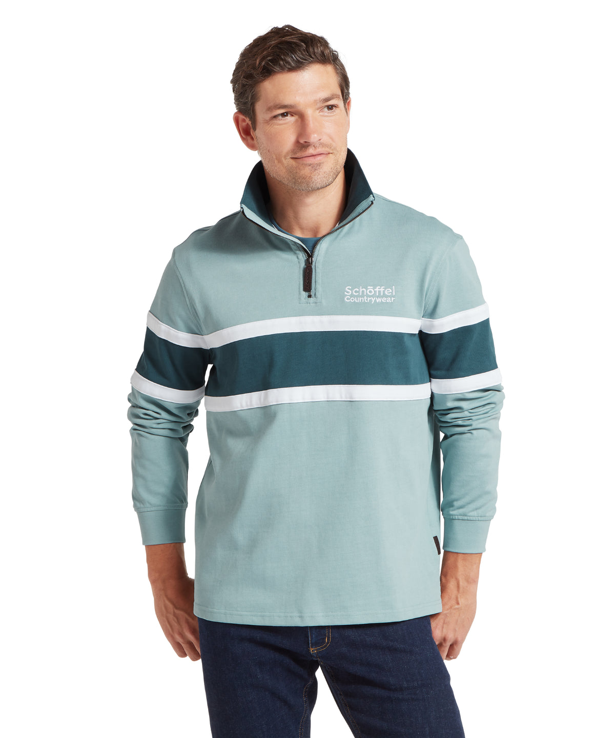 Schöffel Exmouth Heritage 1/4 Zip for men in Blue, white stripes featuring schöffel countrywear logo