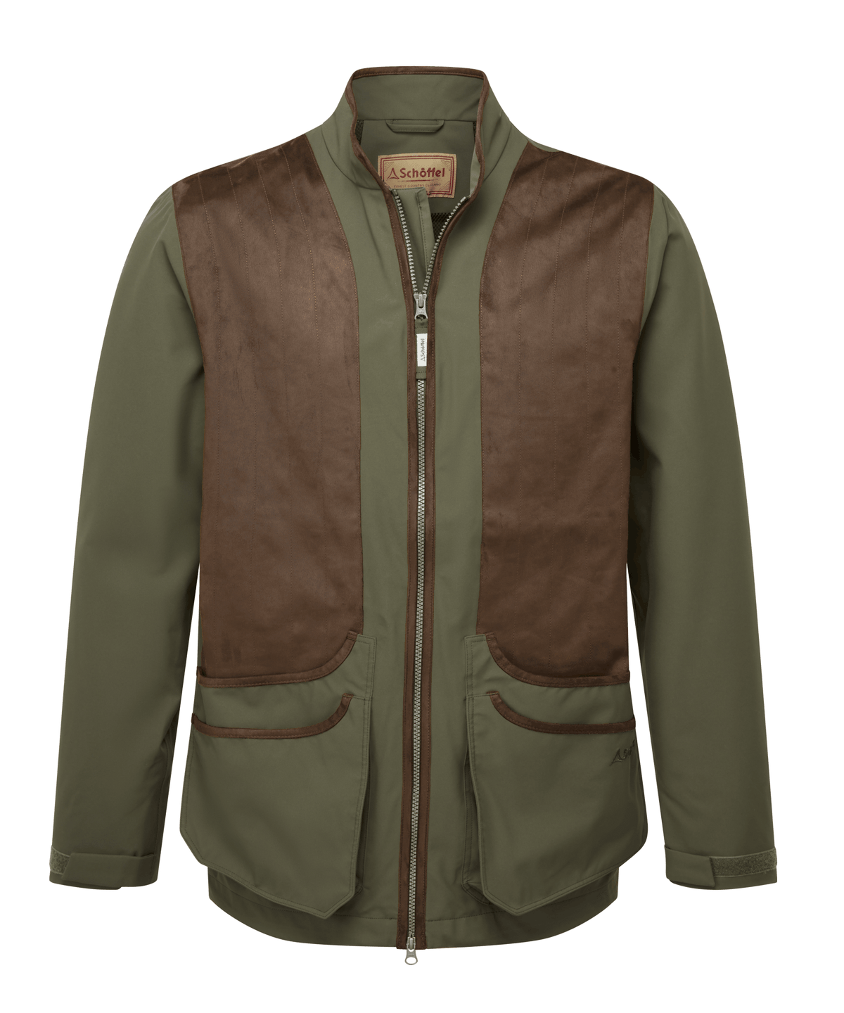 Olive green and brown grimsthorpe clay shooting jacket with leather panels designed for forest use