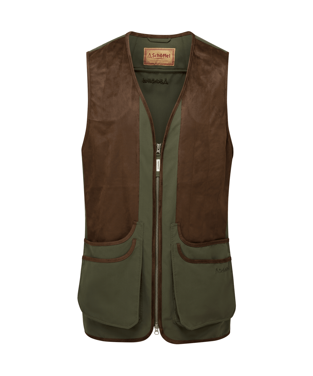 Olive green and brown suede trimmed grimsthorpe clay shooting vest with two front zippered pockets