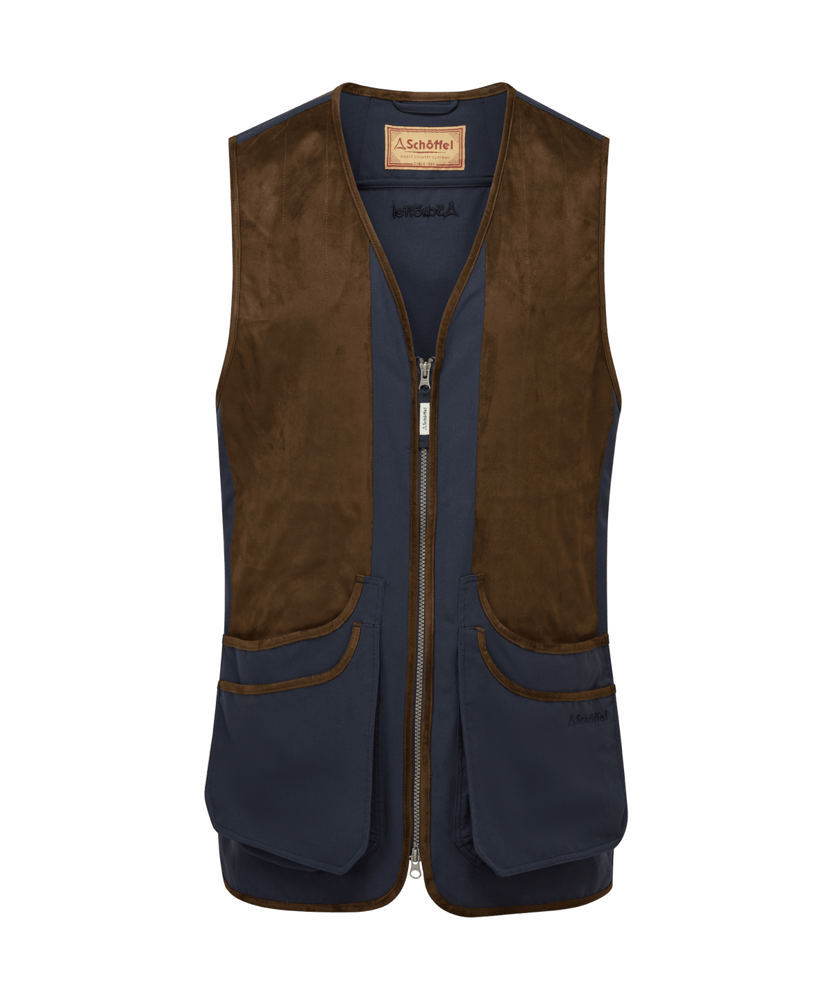 Grimsthorpe clay vest true navy brown and navy blue suede trimmed shooting vest with zipper and two