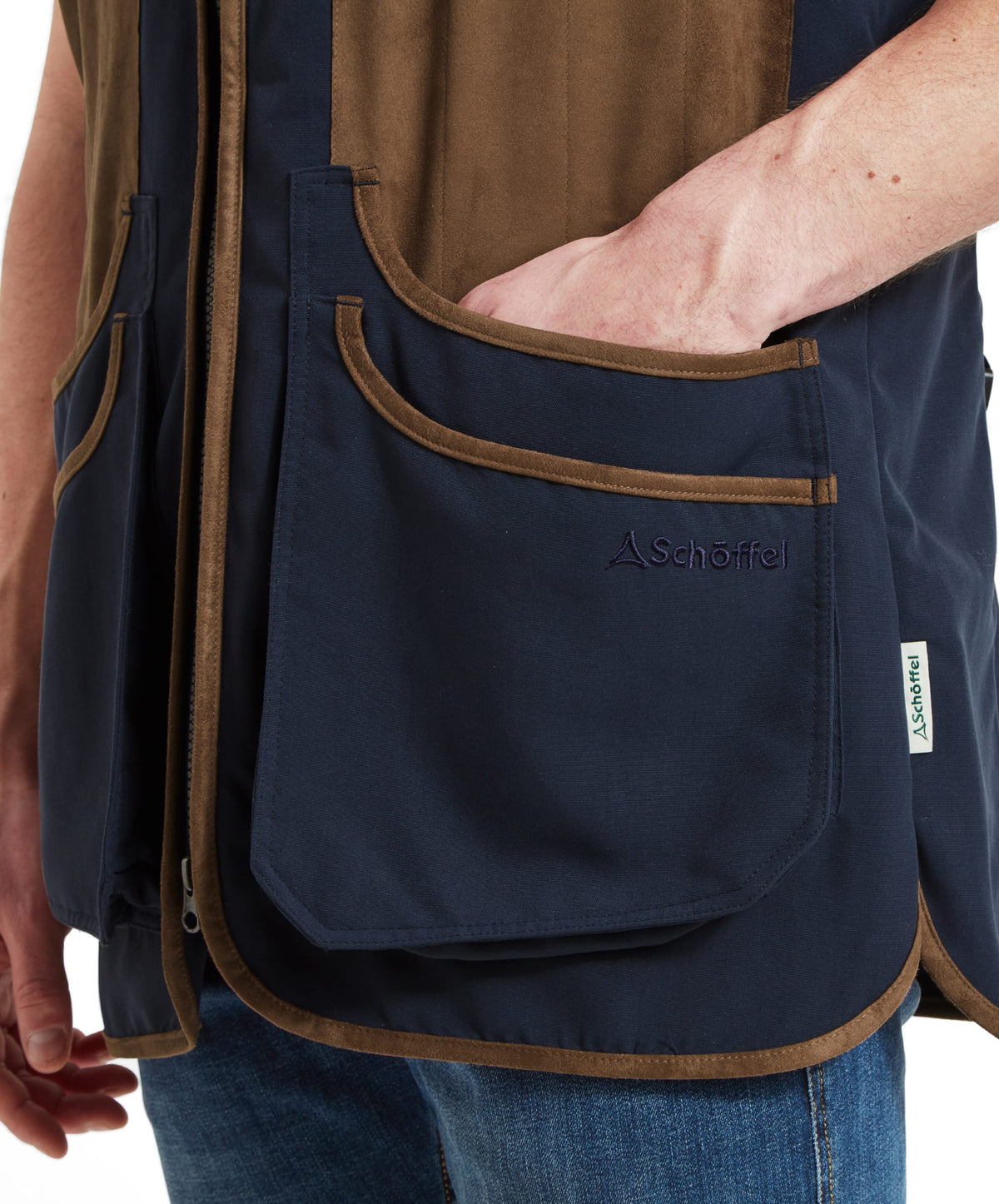Schöffel Men's Grimsthorpe Clay Shooting Vest in Blue — close-up of deep cartridge pocket