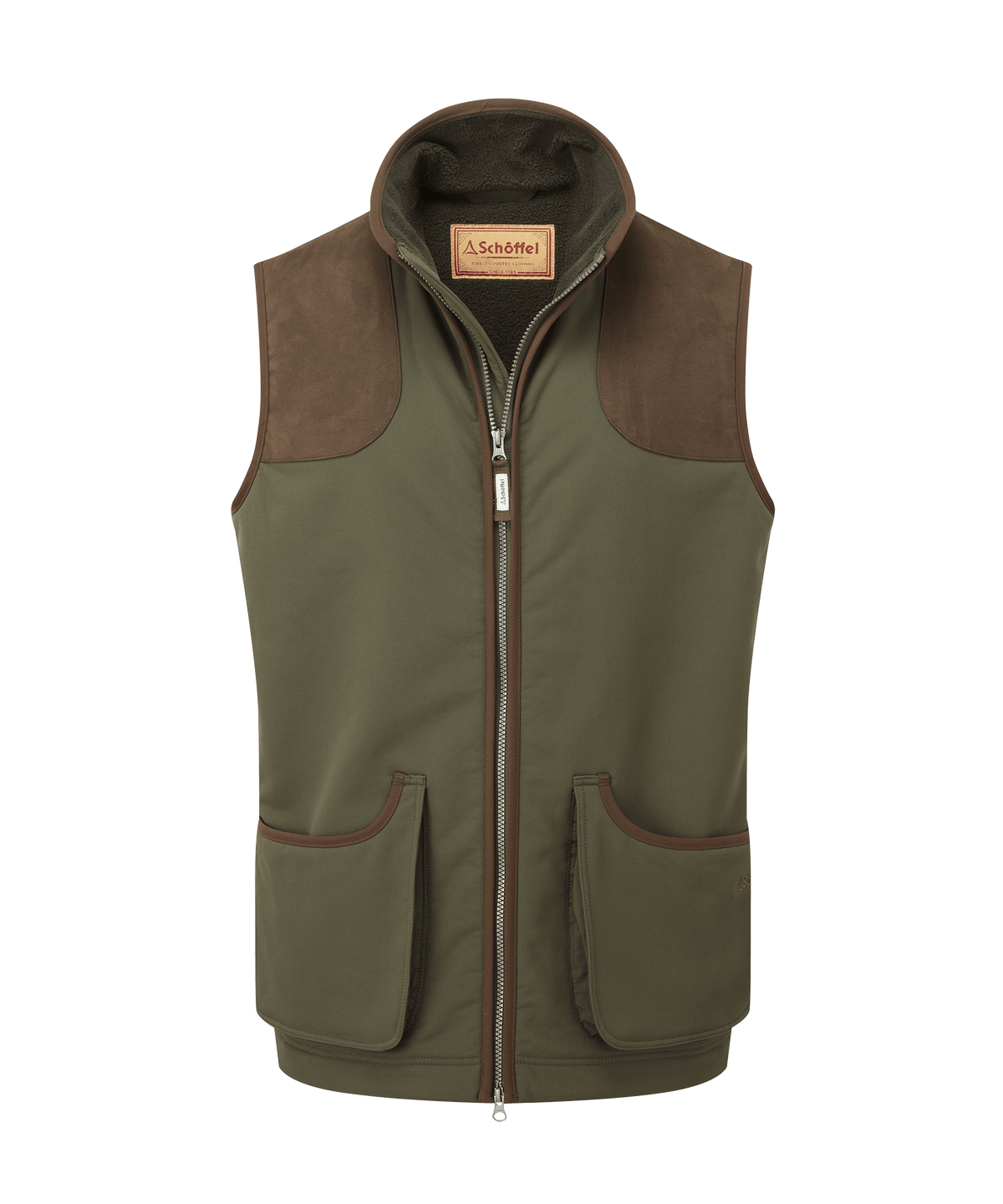 Olive green and brown schoffel gunby gilet forest hunting vest with zip front large pockets