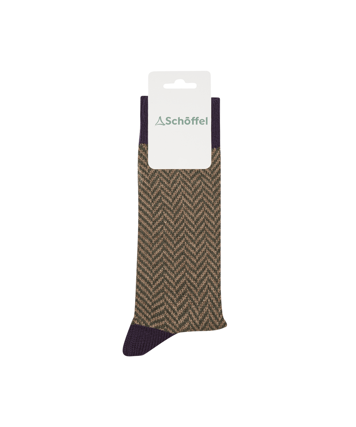 Brown herringbone sock with purple toe and cuff branded schöffel in halkirk socks ink navy