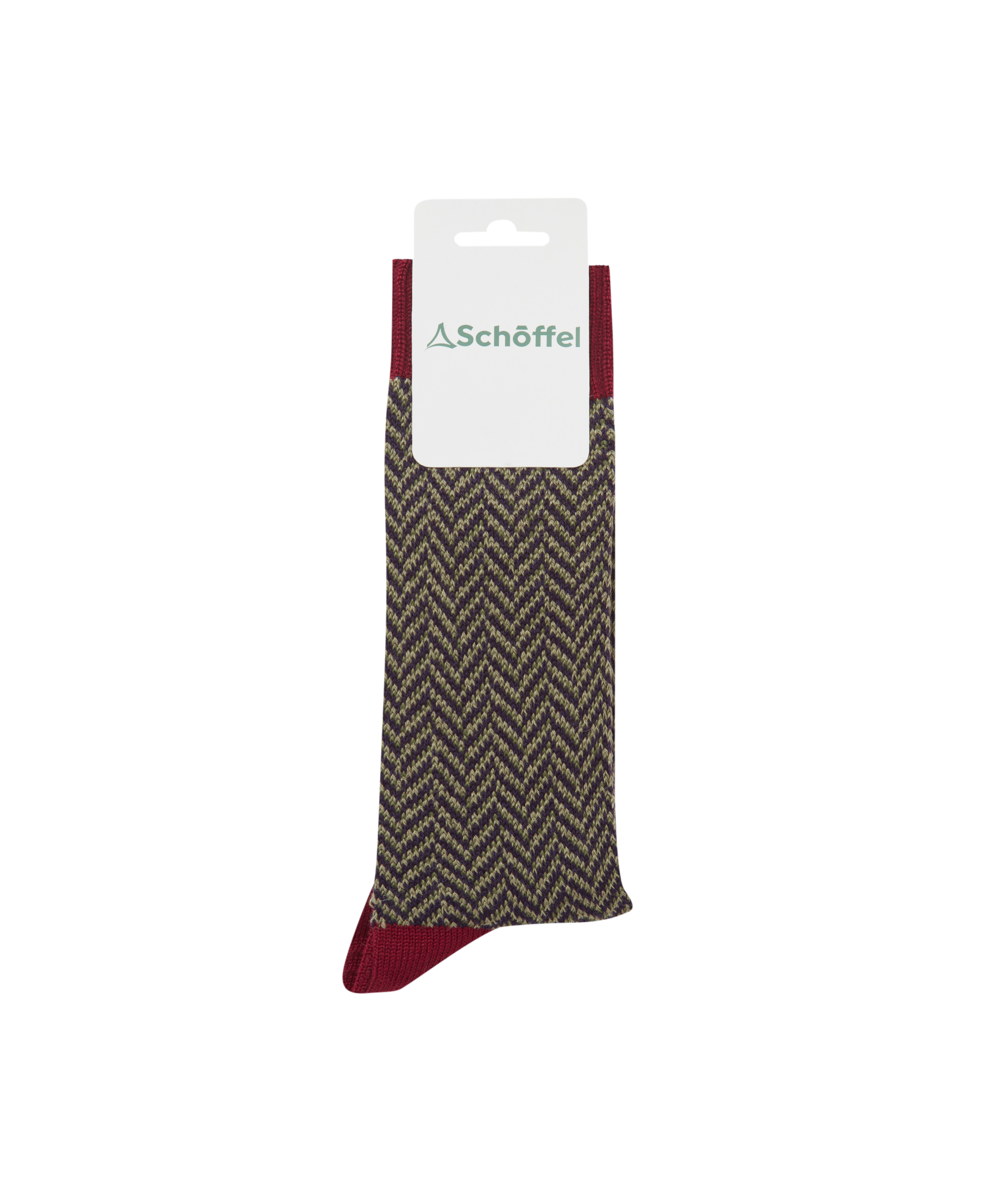 Herringbone patterned sock with red accents on a white background