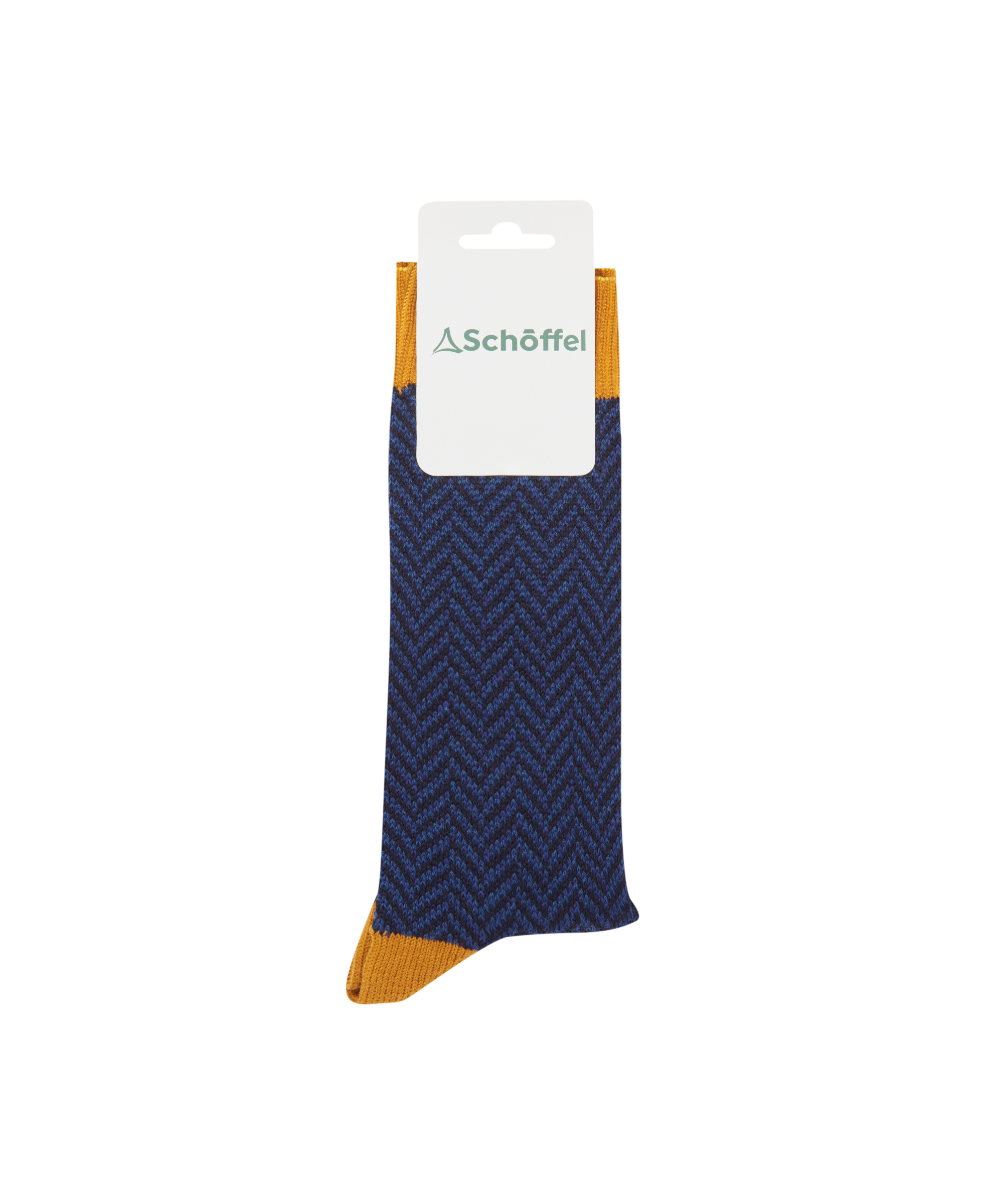 Blue herringbone patterned sock with orange accents on a white background