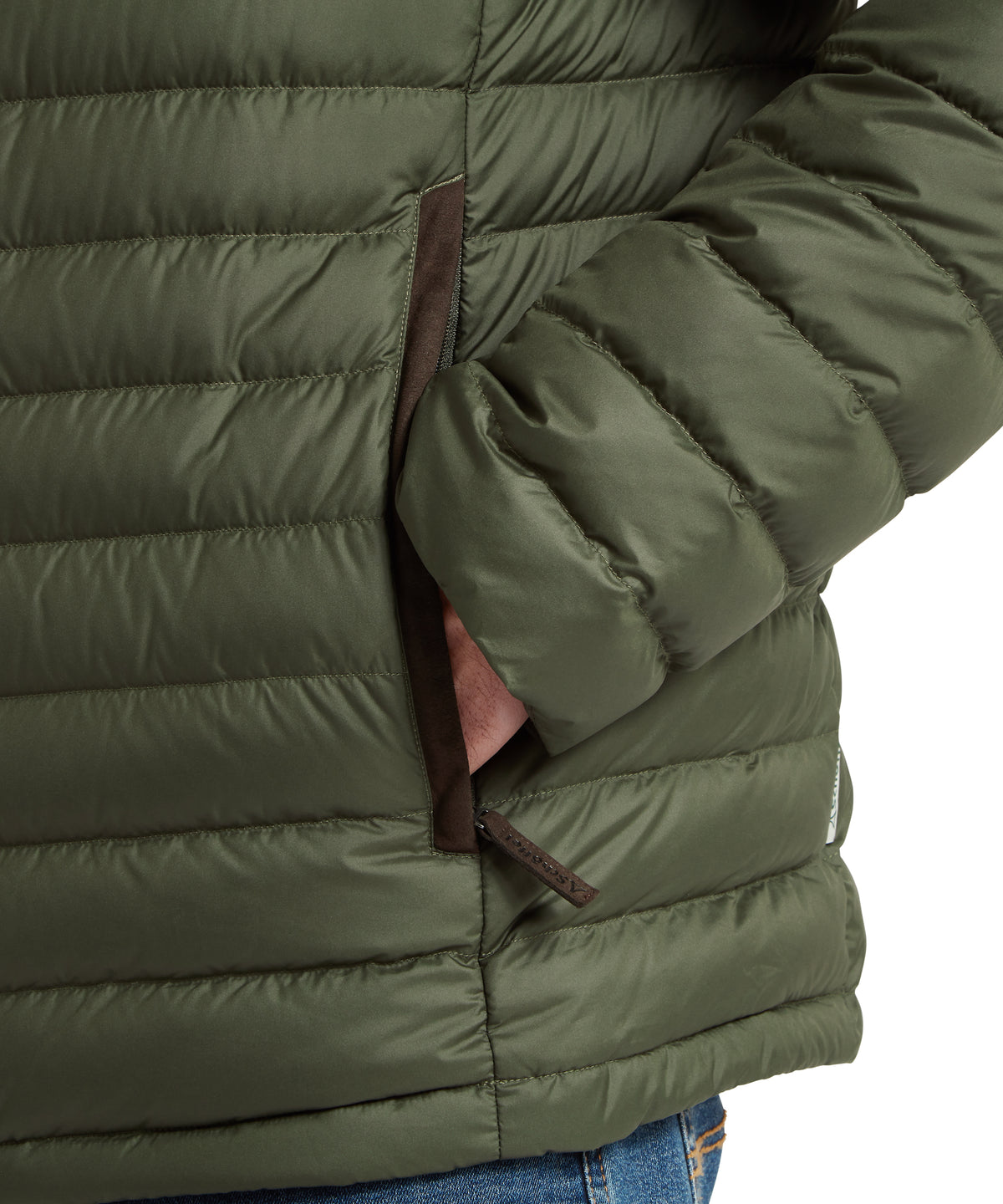 Olive green quilted puffer jacket with brown zipper trim hallaton down jacket woodland for cold