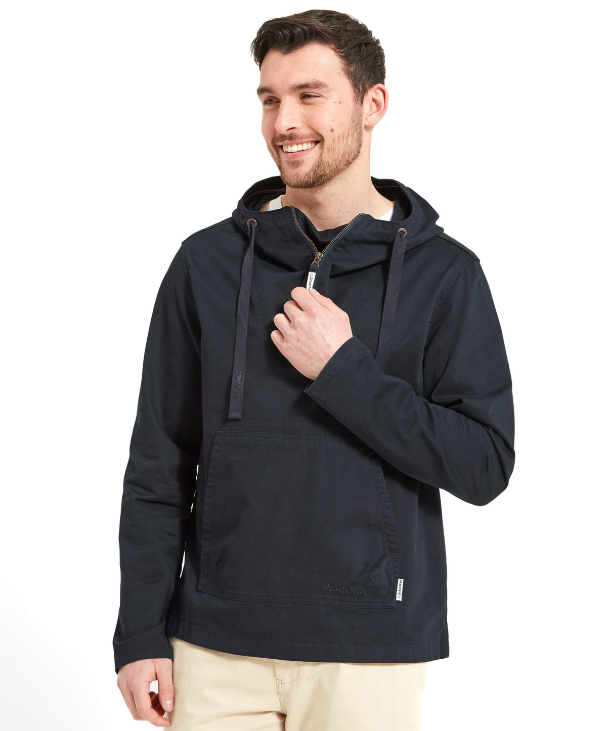 Black hooded zip-up jacket with drawstrings and front pocket in navy harbour smock style perfect