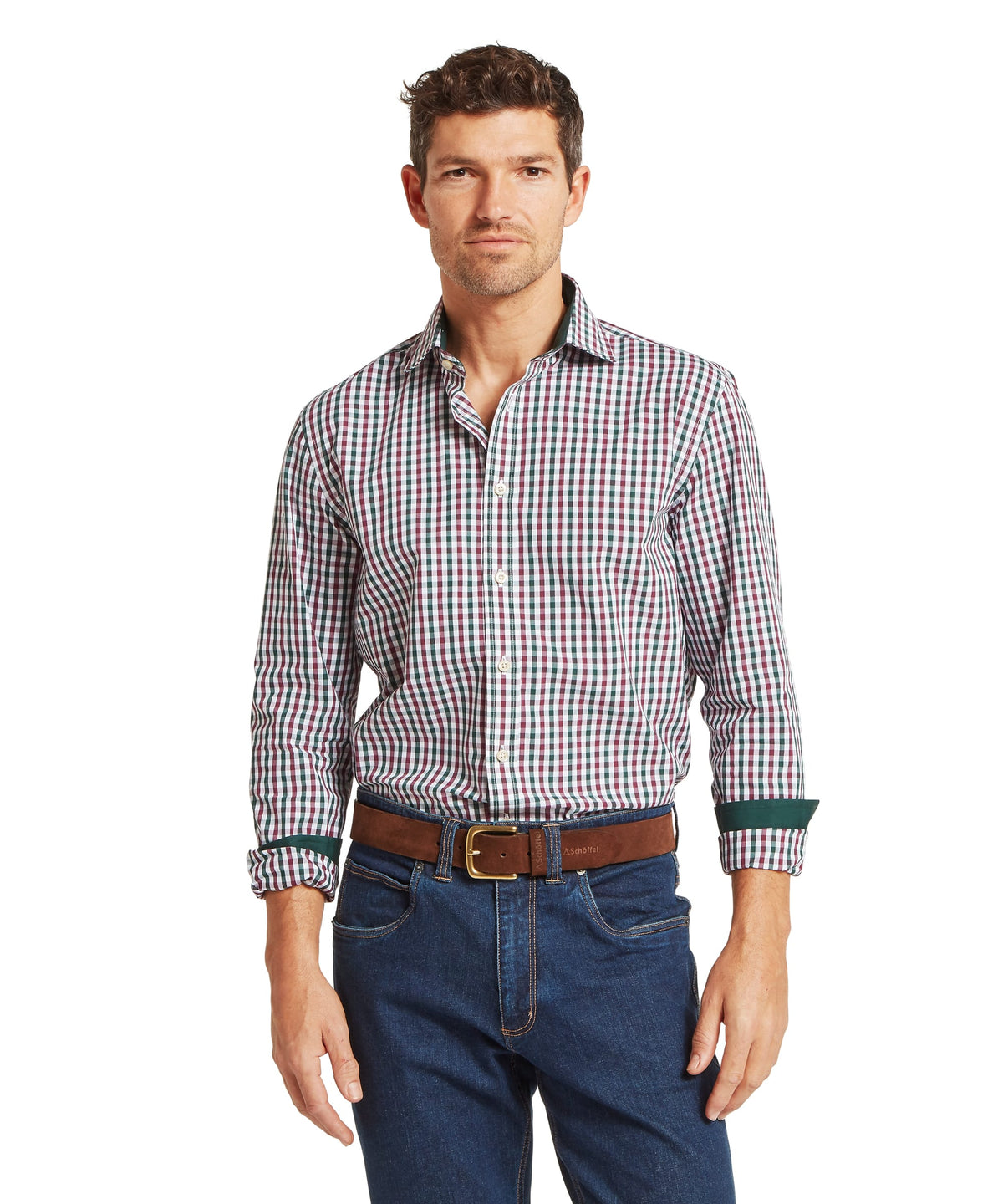 Hebden tailored shirt men’s long-sleeved button-down in red white green check with dark green cuffs