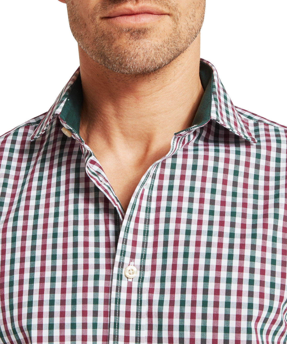 Model wearing the Schöffel Hebden Tailored Shirt in Green, dark green inner collar lining