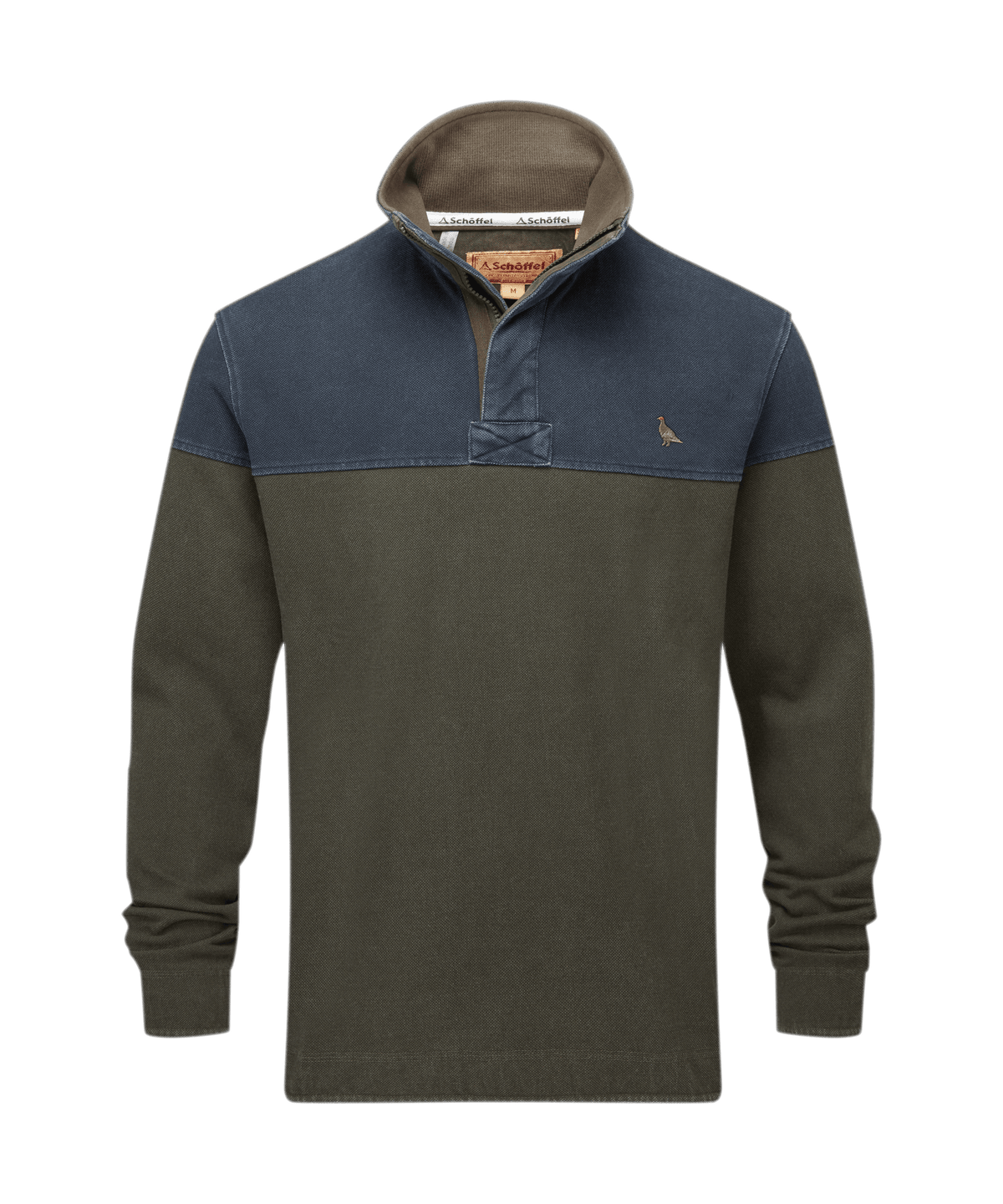 Helford Heritage Sweatshirt peat green ptarmigan olive green and navy blue color-blocked rugby