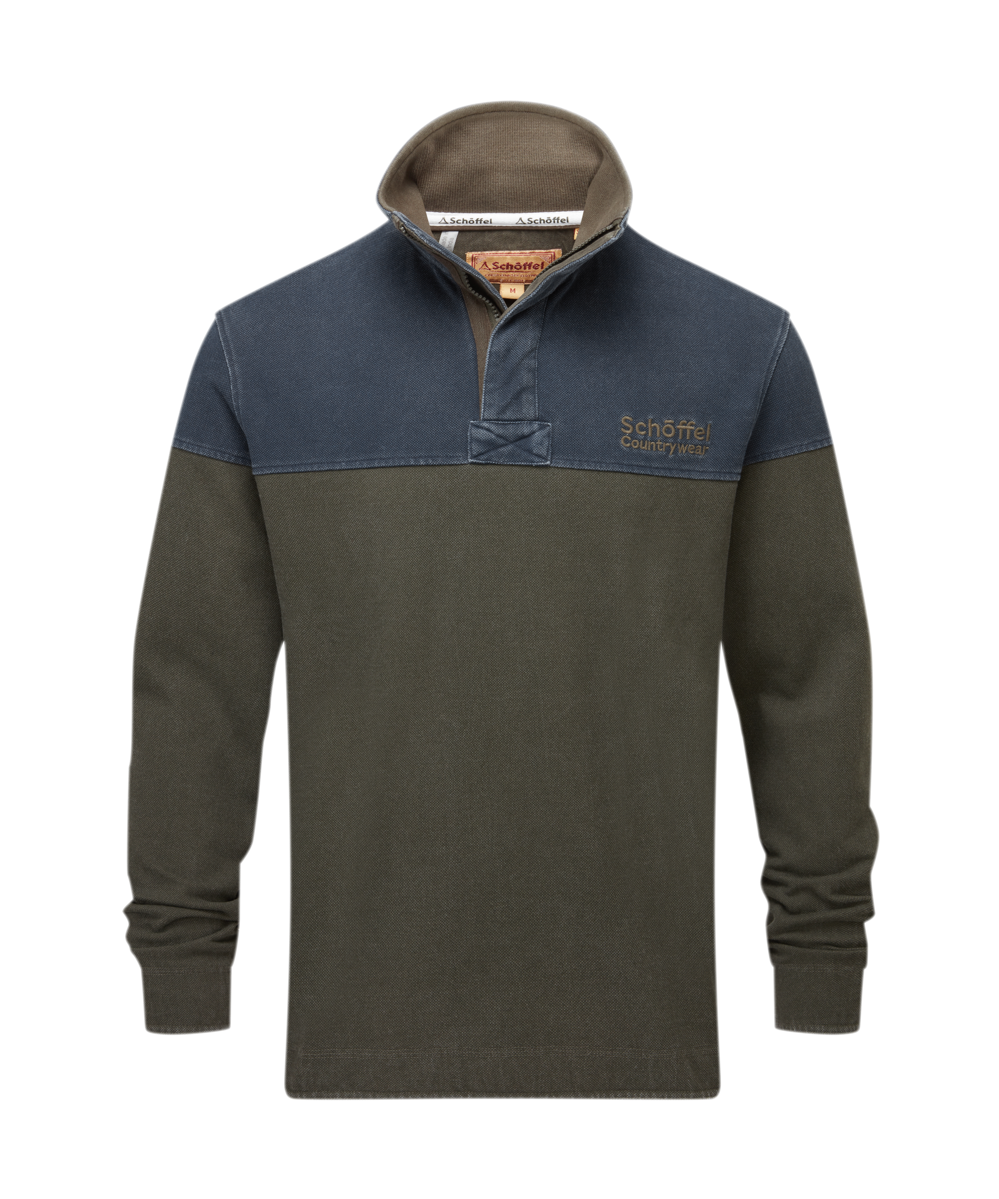 Two-tone sweatshirt with dark green and navy blue on a white background
