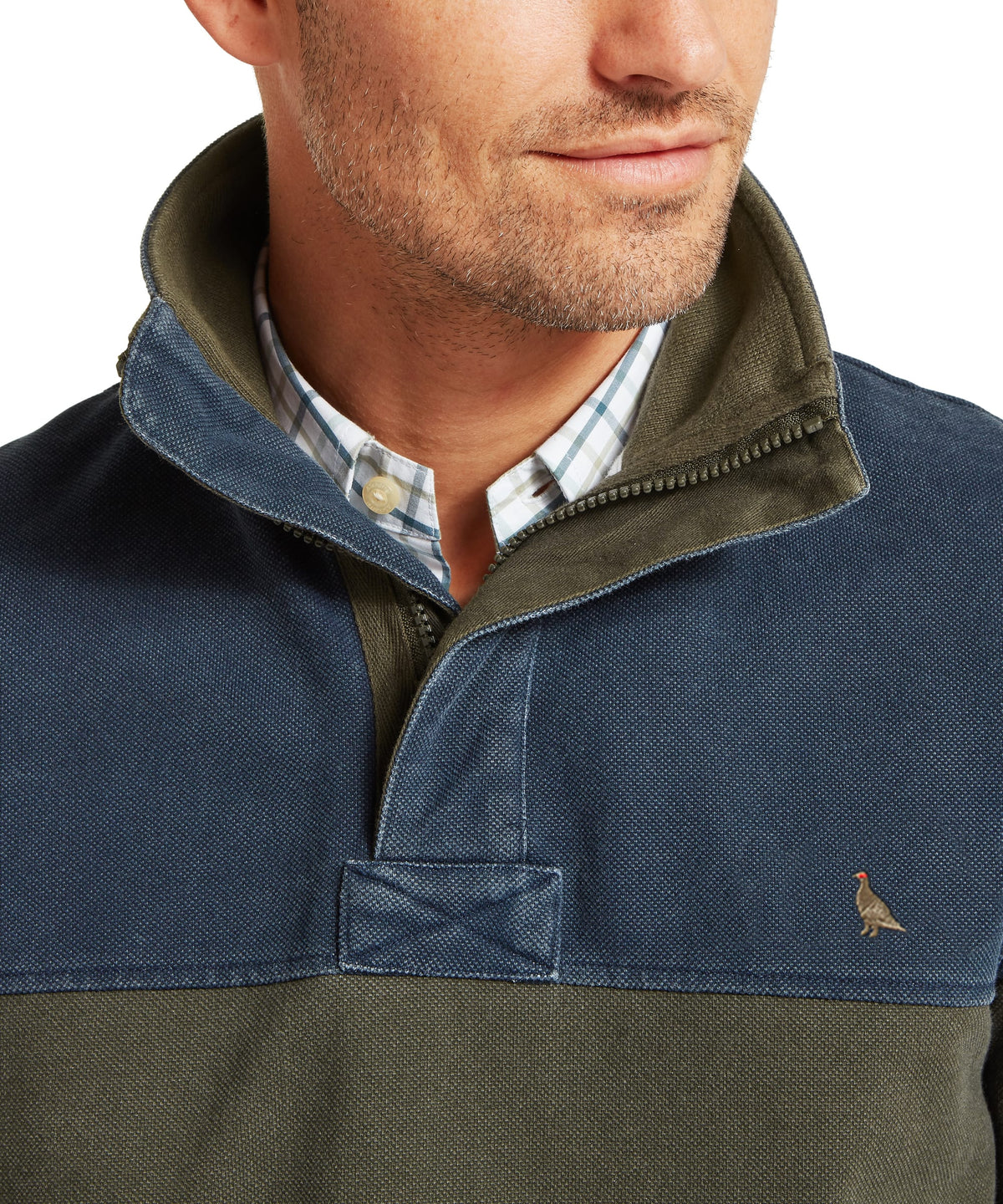 Navy and olive green two-tone quarter-zip fleece jacket with embroidered bird logo Helford Heritage
