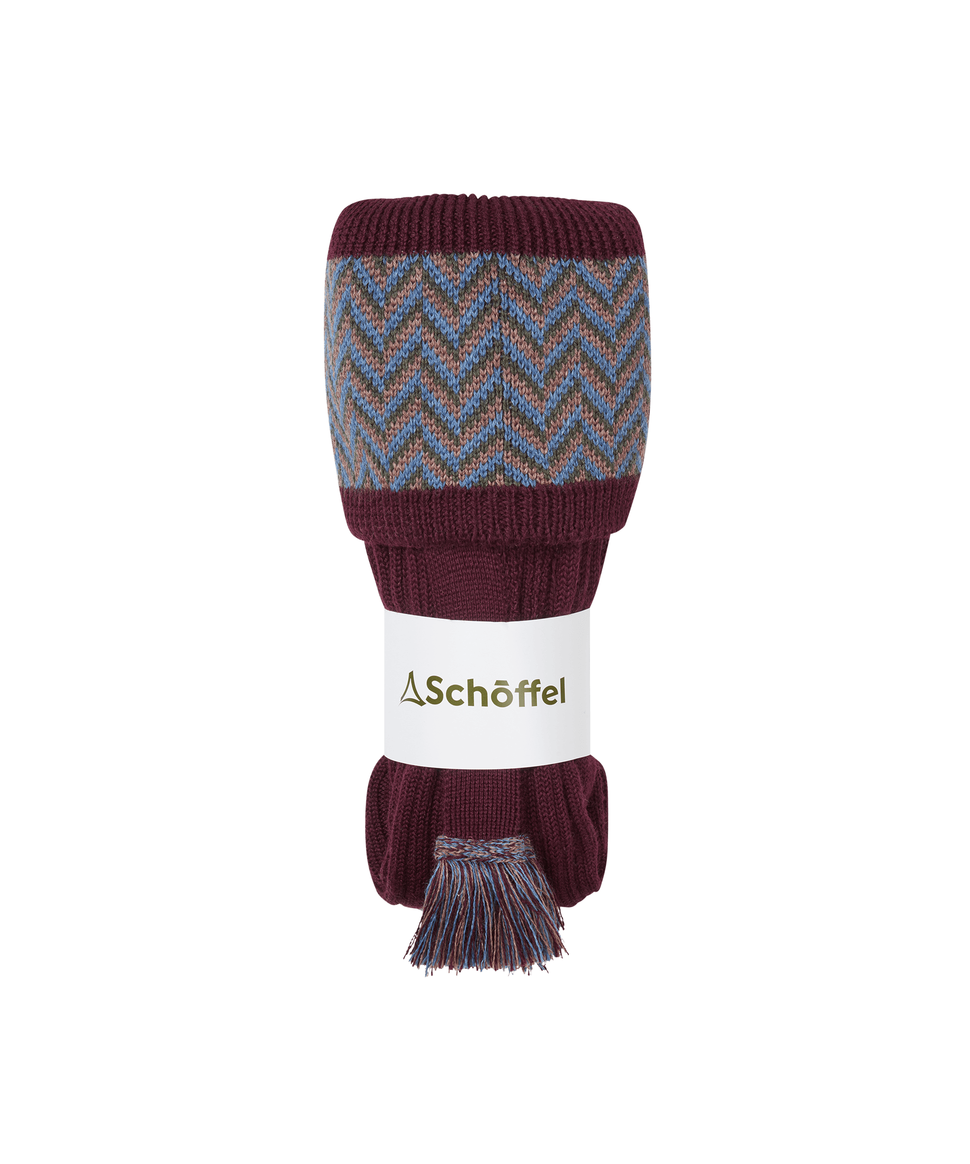 Men’s herringbone socks port in maroon and blue zigzag knitted pattern with tassel end by schöffel