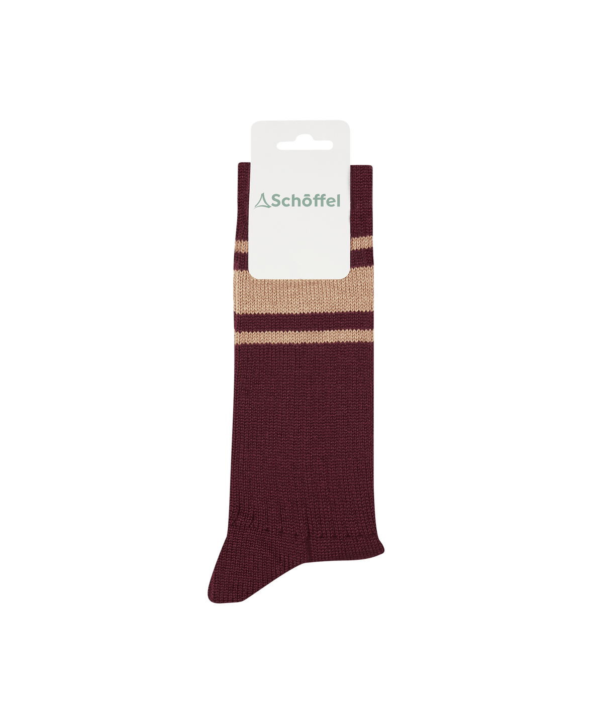 Hilton retro knit socks in maroon and beige stripes with a schöffel brand tag in cotton blend