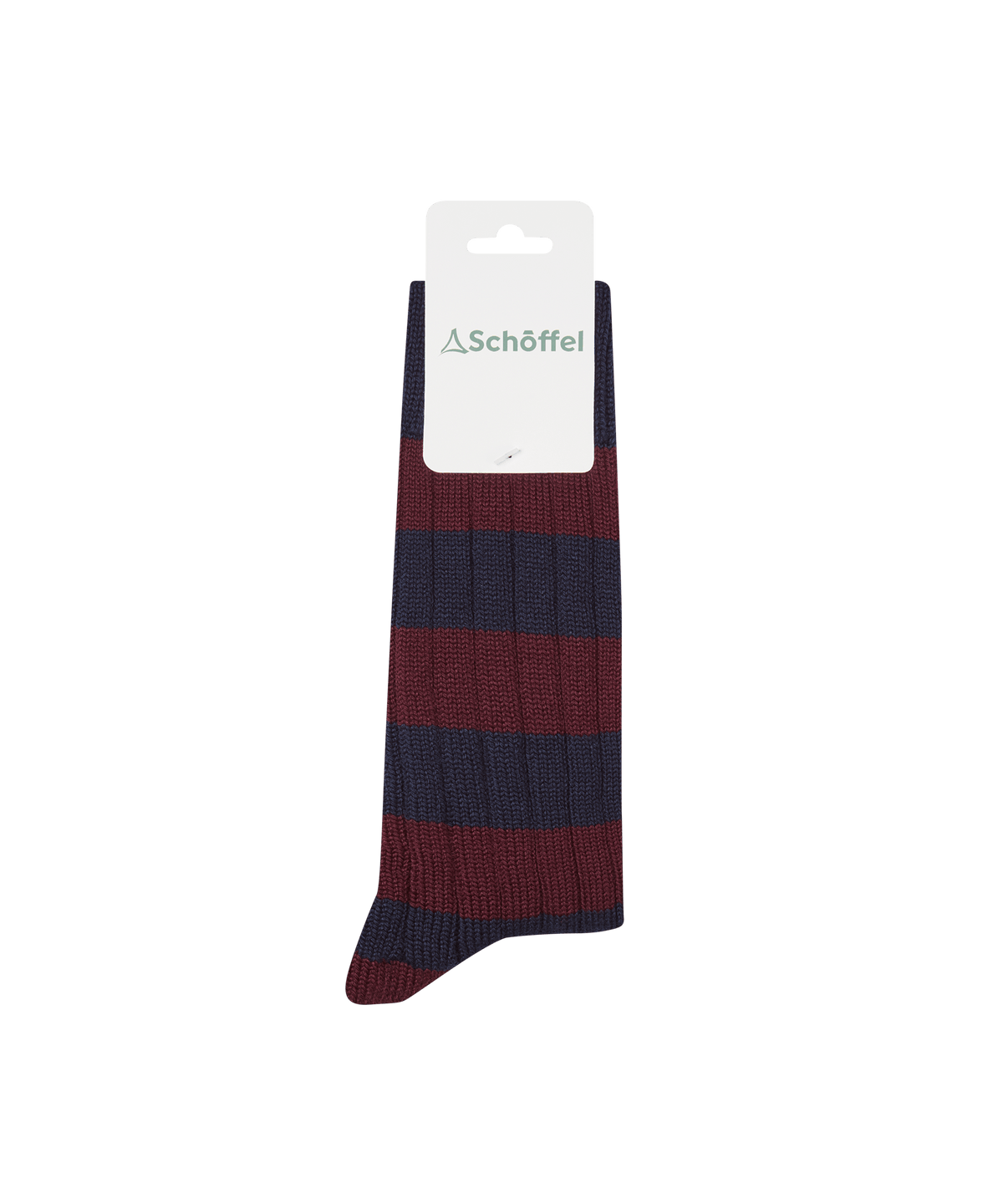 A pair of schöffel hilton rugby socks in maroon and navy blue ribbed knit with bold horizontal