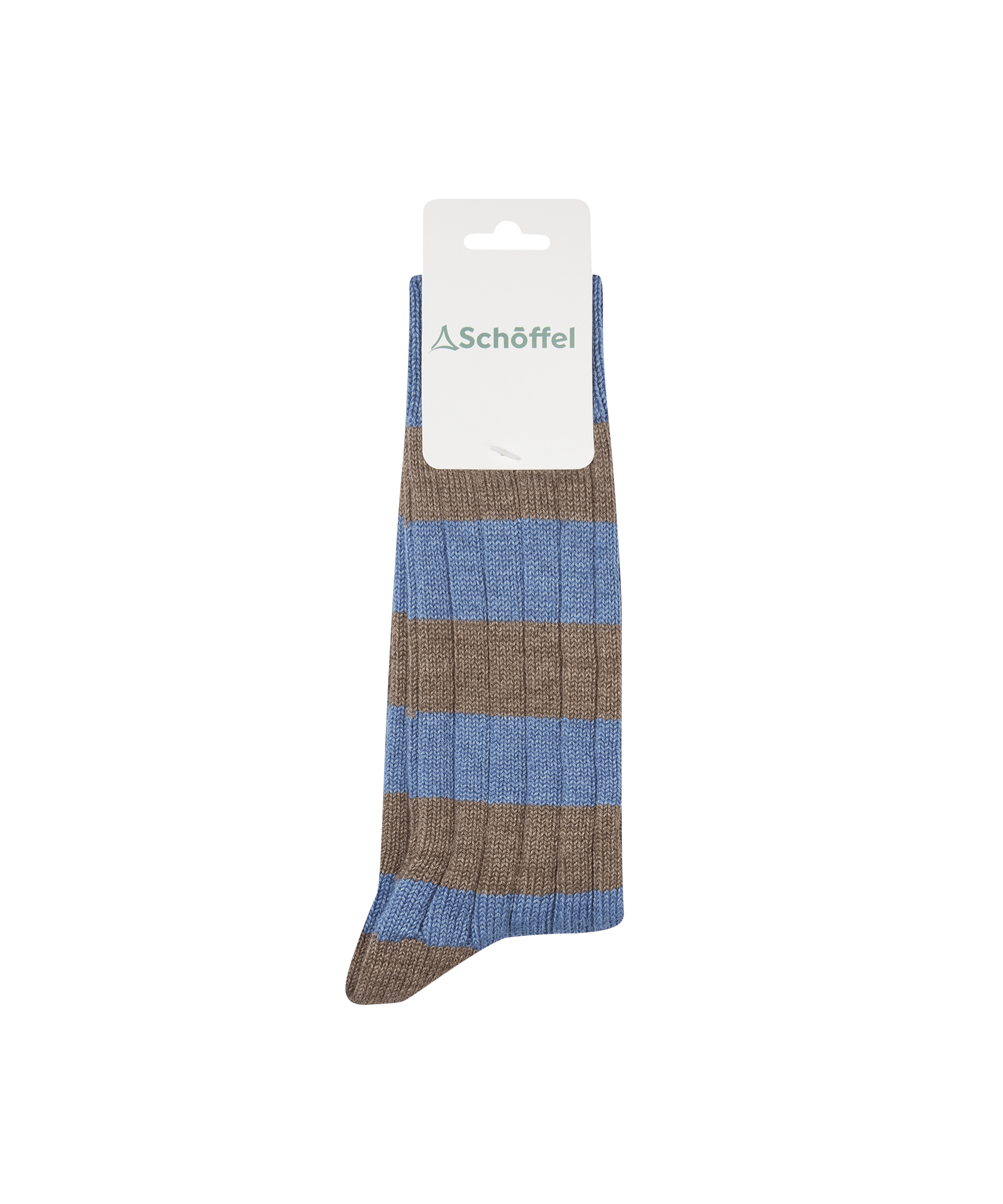 A pair of blue and brown striped ribbed schöffel hilton rugby socks in maple color