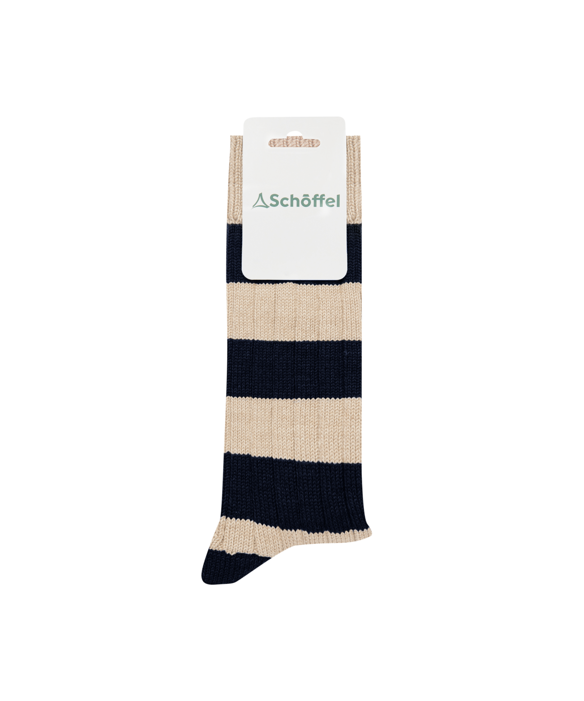 Black and beige striped sock with Schöffel logo on a white background