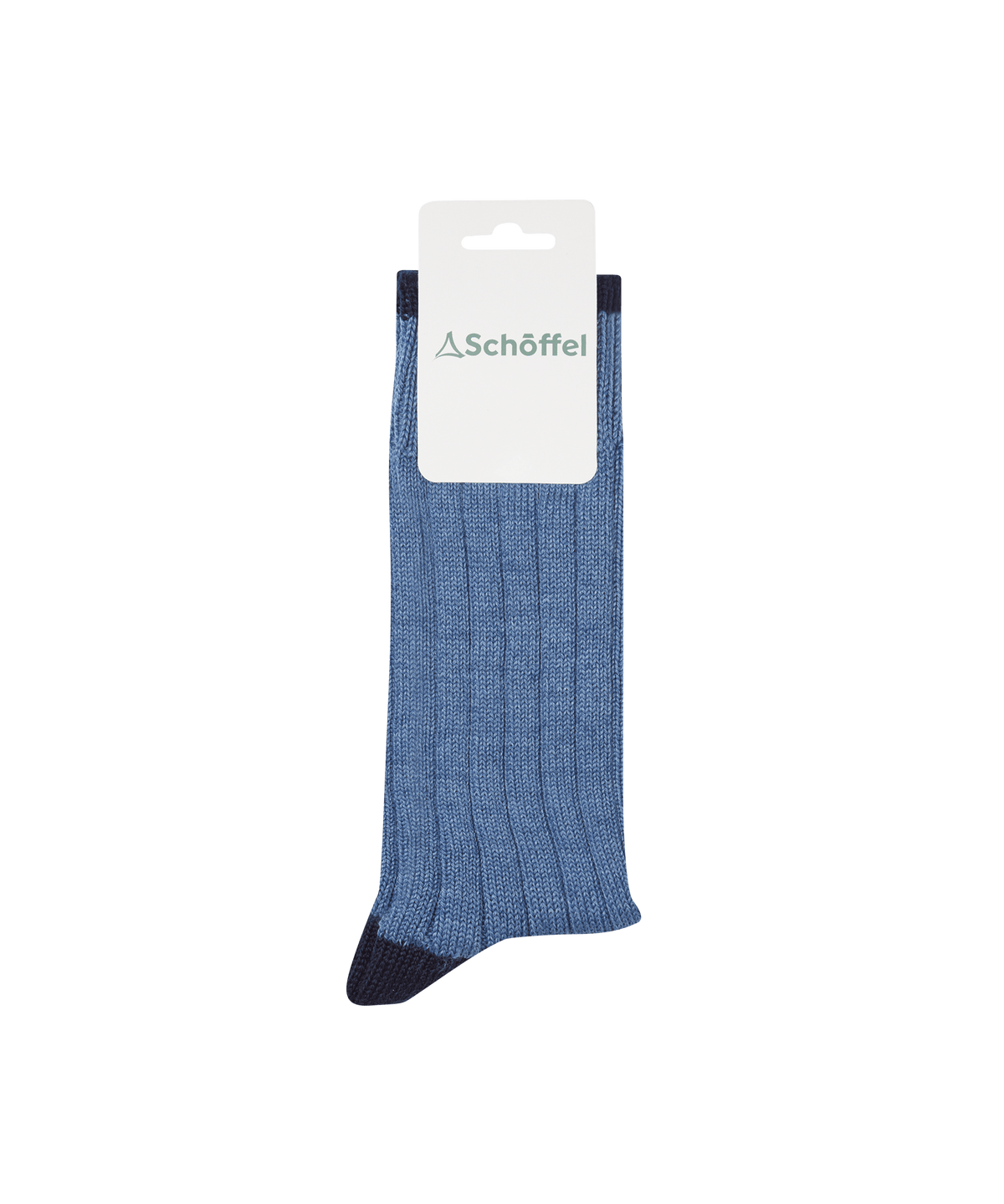 Hilton socks storm blue ribbed knit sock with dark blue toe and heel and white schoffel brand tag