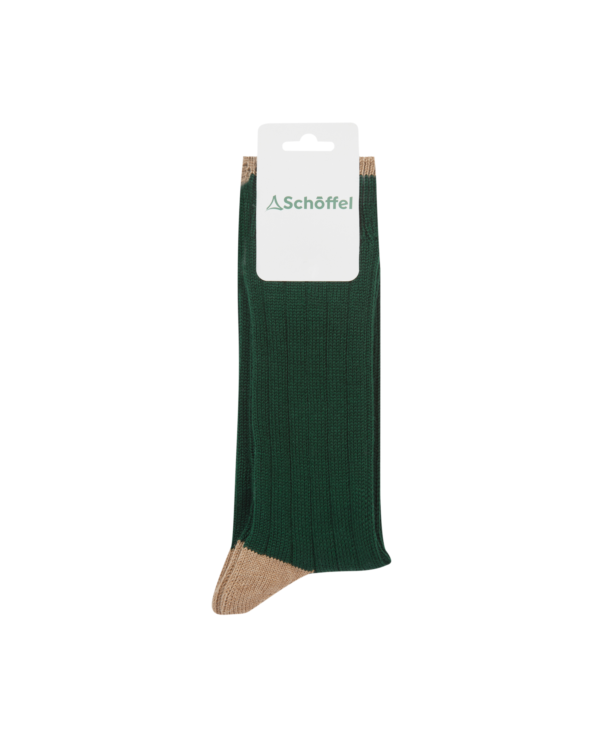 Green sock with brown toe and heel on a white background, featuring Schöffel branding.