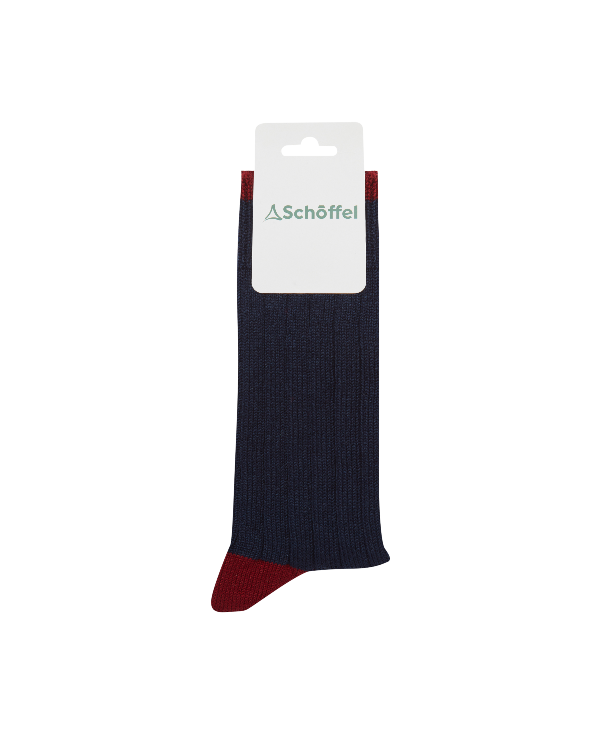 Navy sock with red toe and heel on a white background, featuring Schöffel branding.