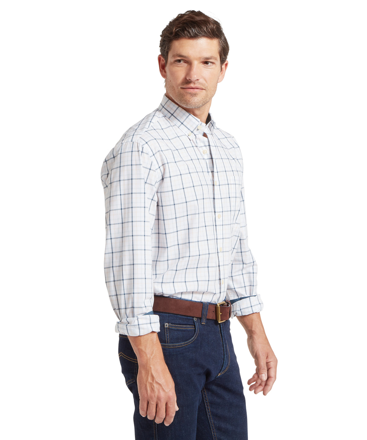 White button-down shirt with black grid pattern from holkham classic shirt collection in deep ocean