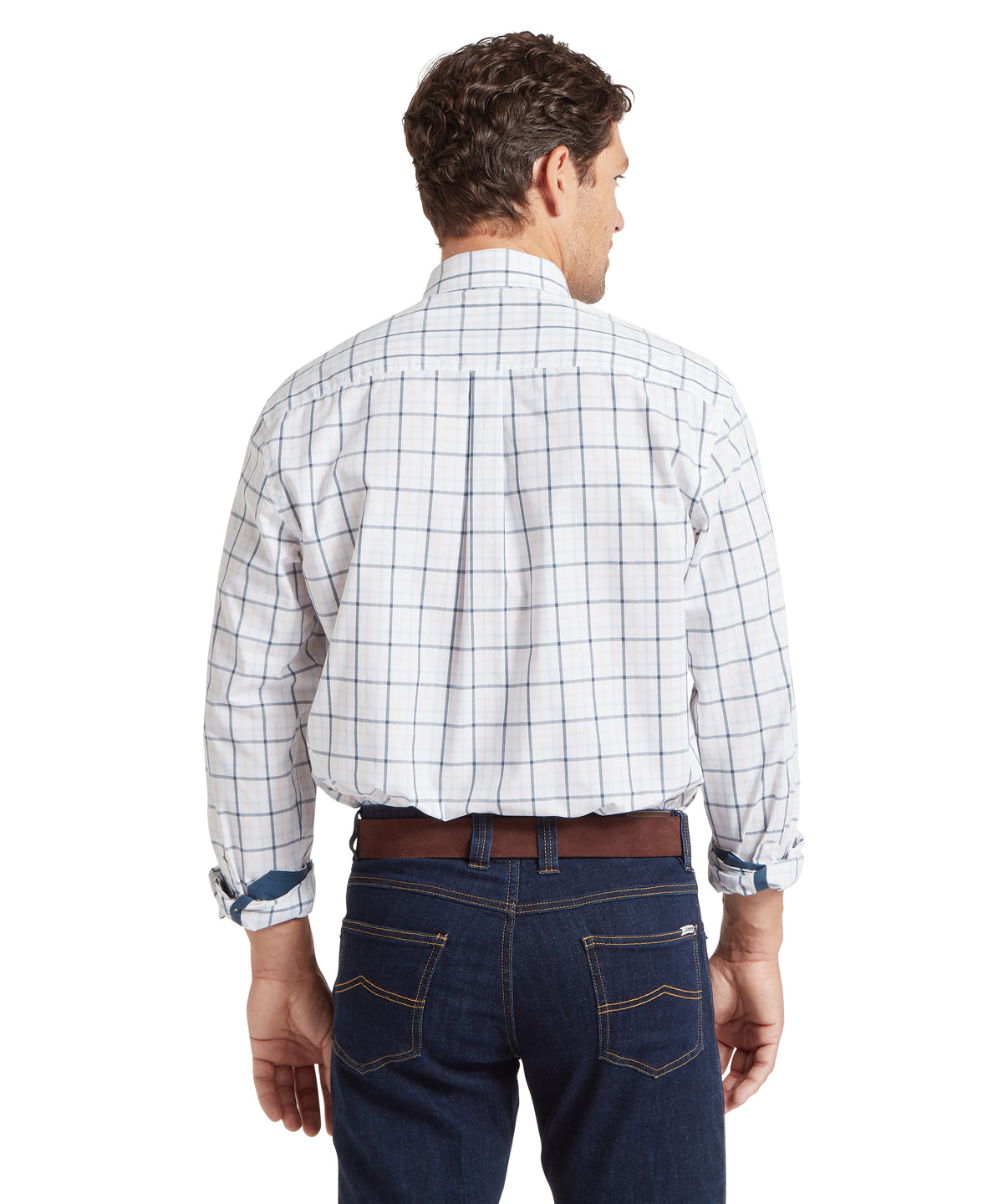 Holkham classic shirt in deep ocean blue with coral peach white button-down fabric