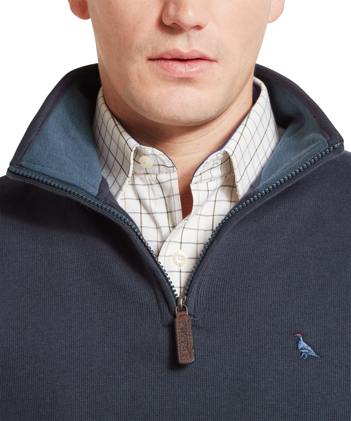 Kingsand quarter zip jumper in true navy with dark teal collar and zipper trim