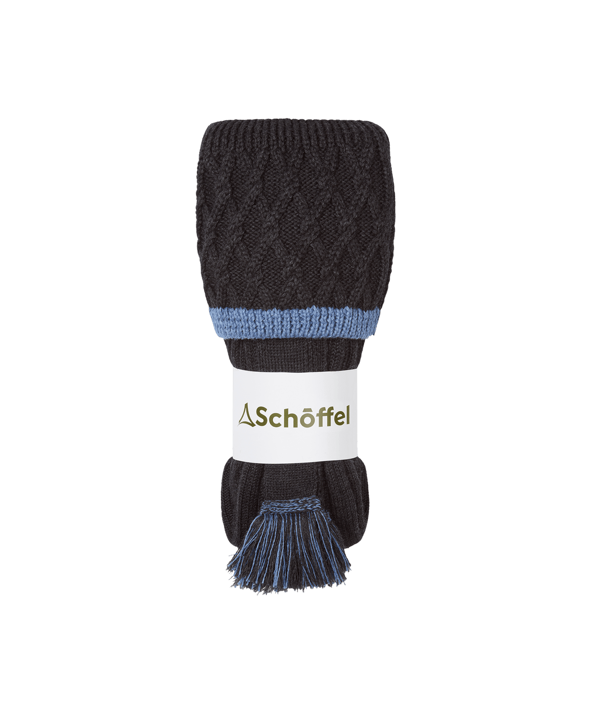 Black knitted scarf with blue ribbed band and tassel featuring schöffel label paired with lattice