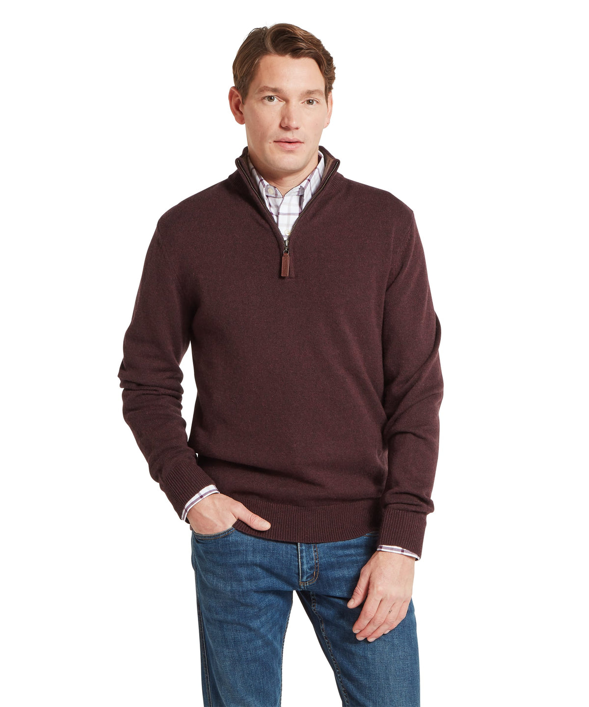 Lewis lambswool quarter zip jumper port in dark maroon with ribbed cuffs hem and subtle textured