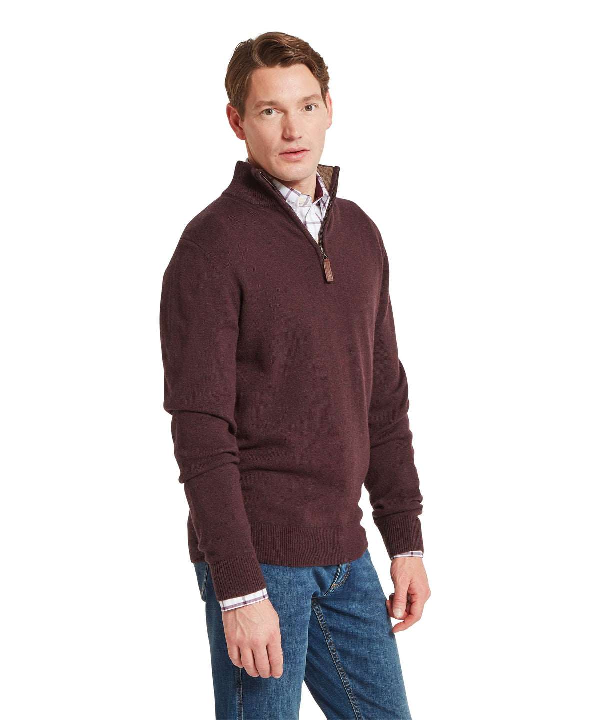 A men’s maroon Lewis lambswool quarter zip jumper with ribbed cuffs hem and subtle textured knit