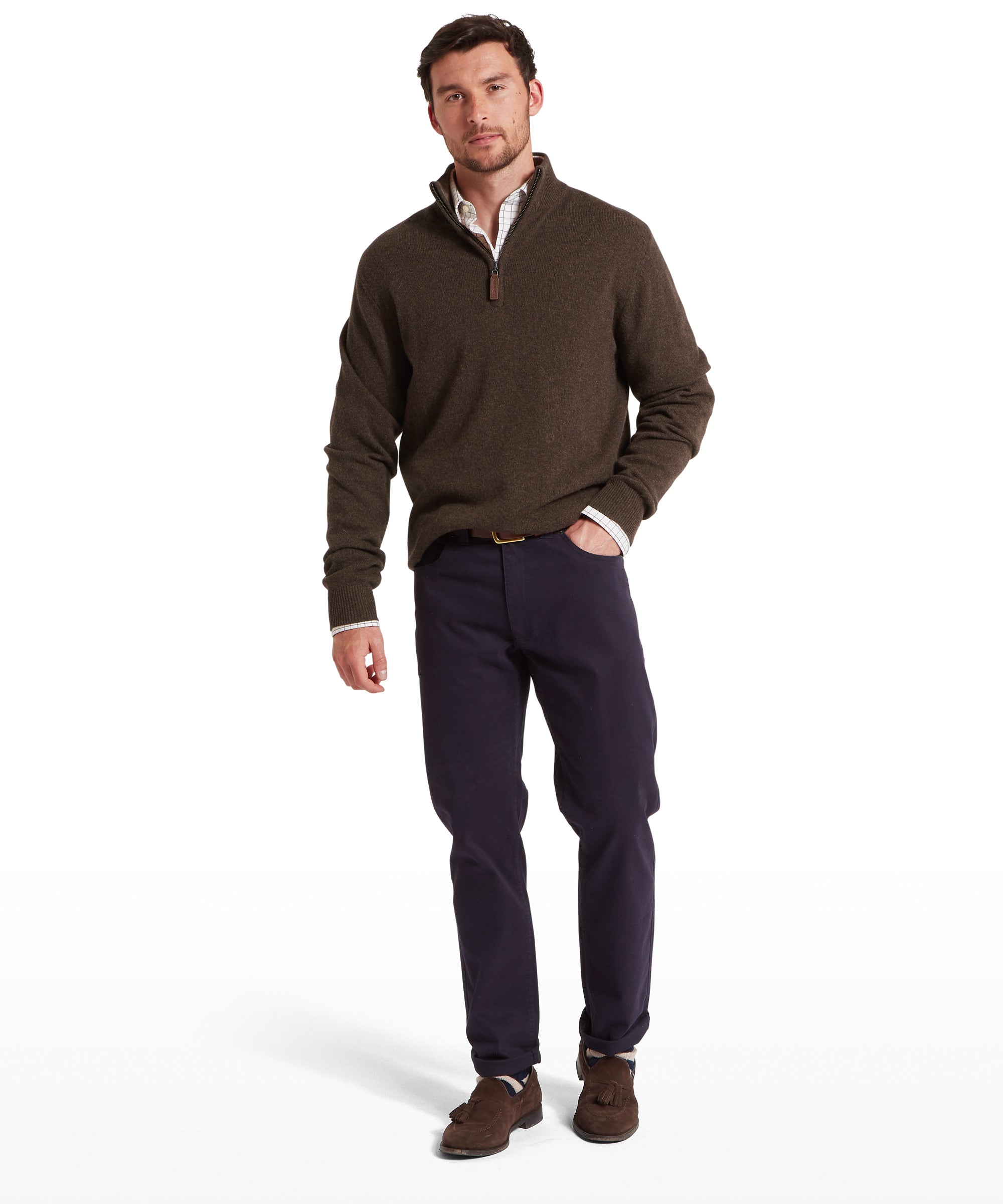 Lewis Lambswool Quarter Zip Jumper - Chocolate