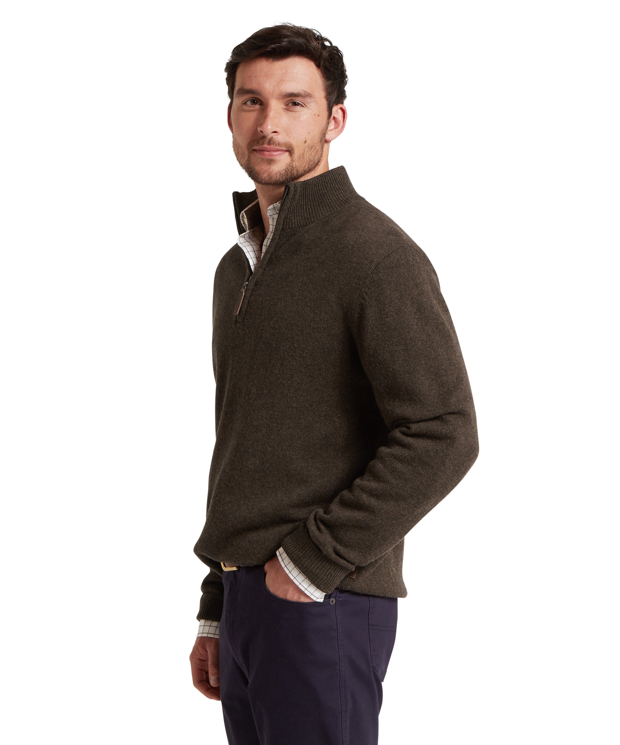 Lewis Lambswool Quarter Zip Jumper - Chocolate