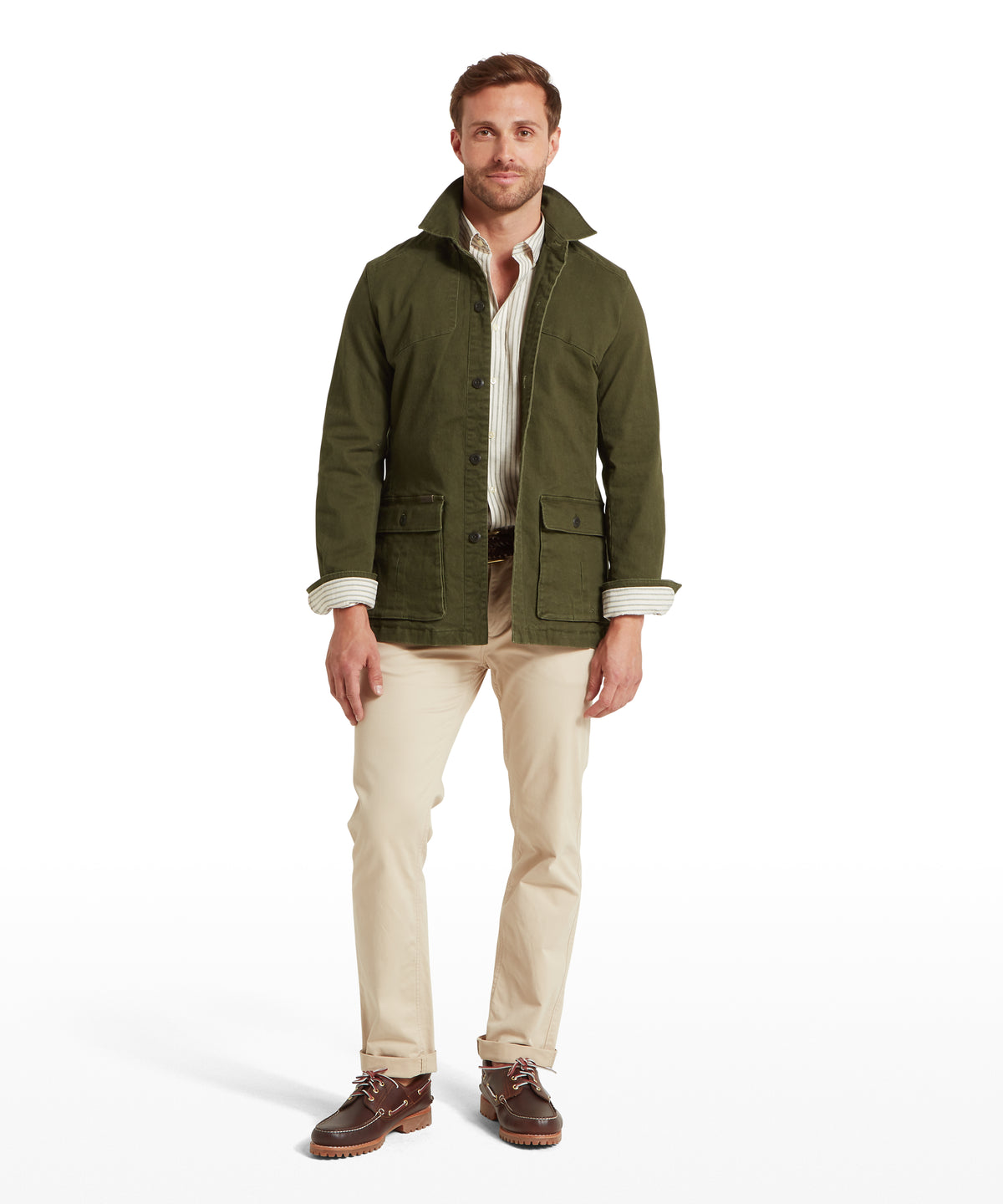 Schöffel Lynmouth Utility Jacket for men in Green, rolled cuffs showing striped lining