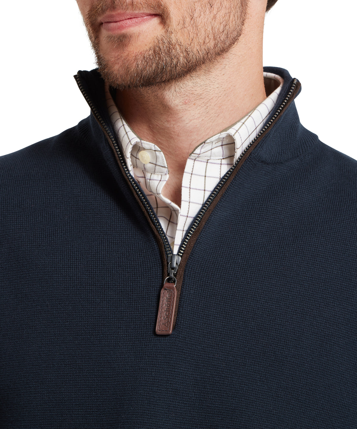 Navy quarter-zip knit sweater with brown leather zipper pull and white checkered shirt underneath