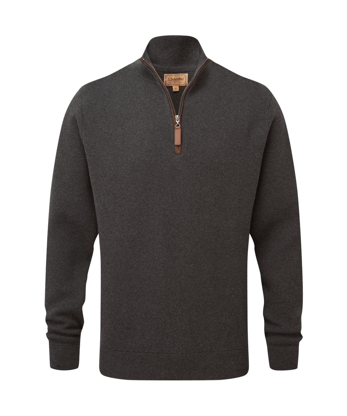 Schöffel Marlow 1/4 Zip Jumper for men in Black, cutout image, brown leather zipper pull