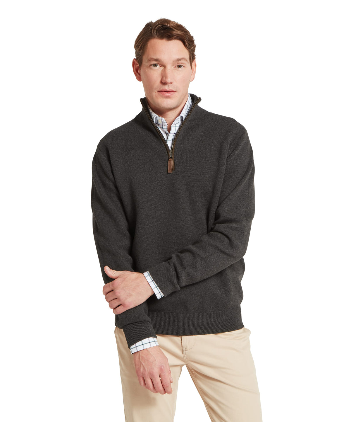 Schöffel's Marlow 1/4 Zip Jumper in Charcoal, on model, subtle textured knit fabric