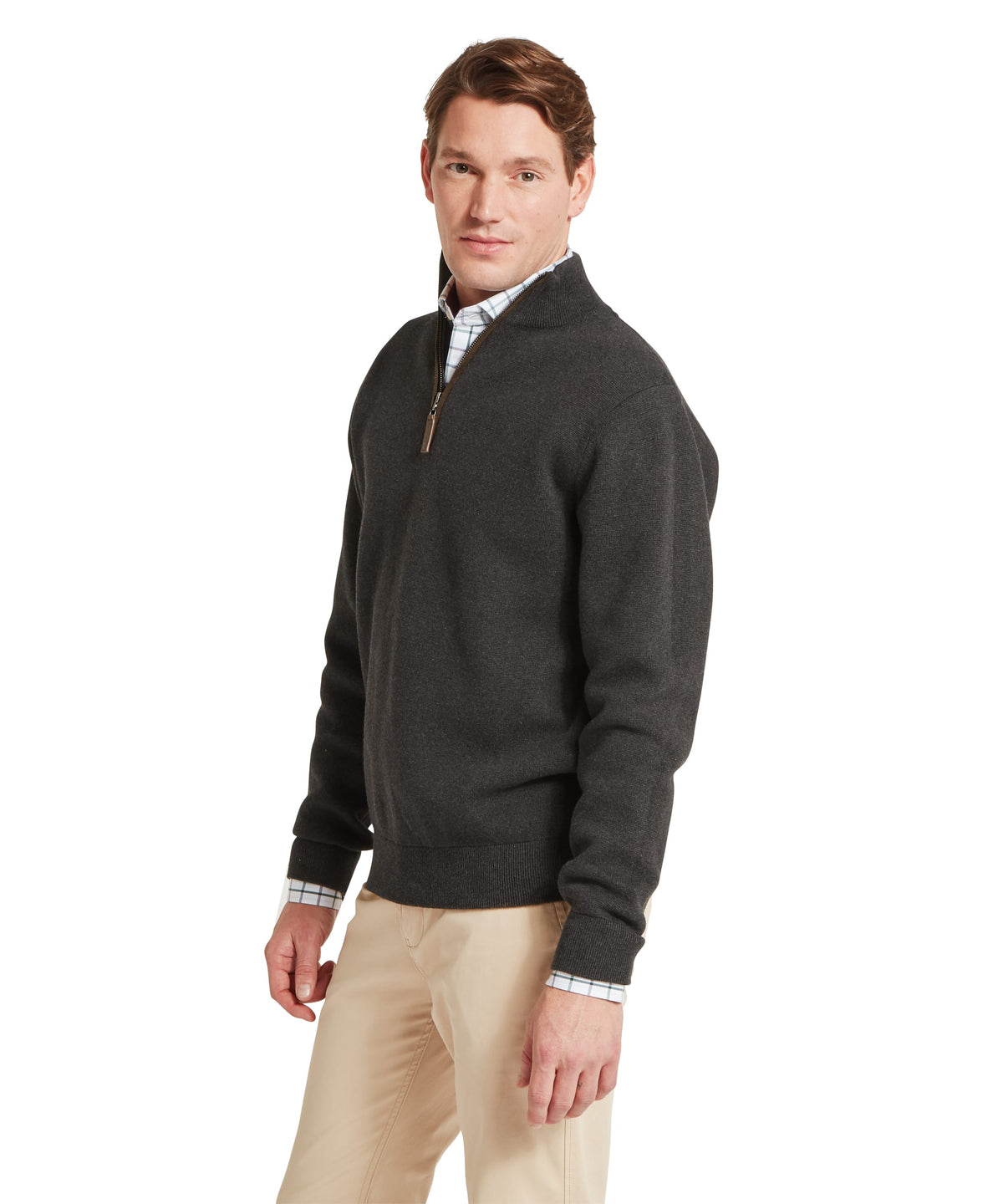 Dark gray marlow quarter zip jumper with ribbed cuffs and hem featuring subtle textured knit