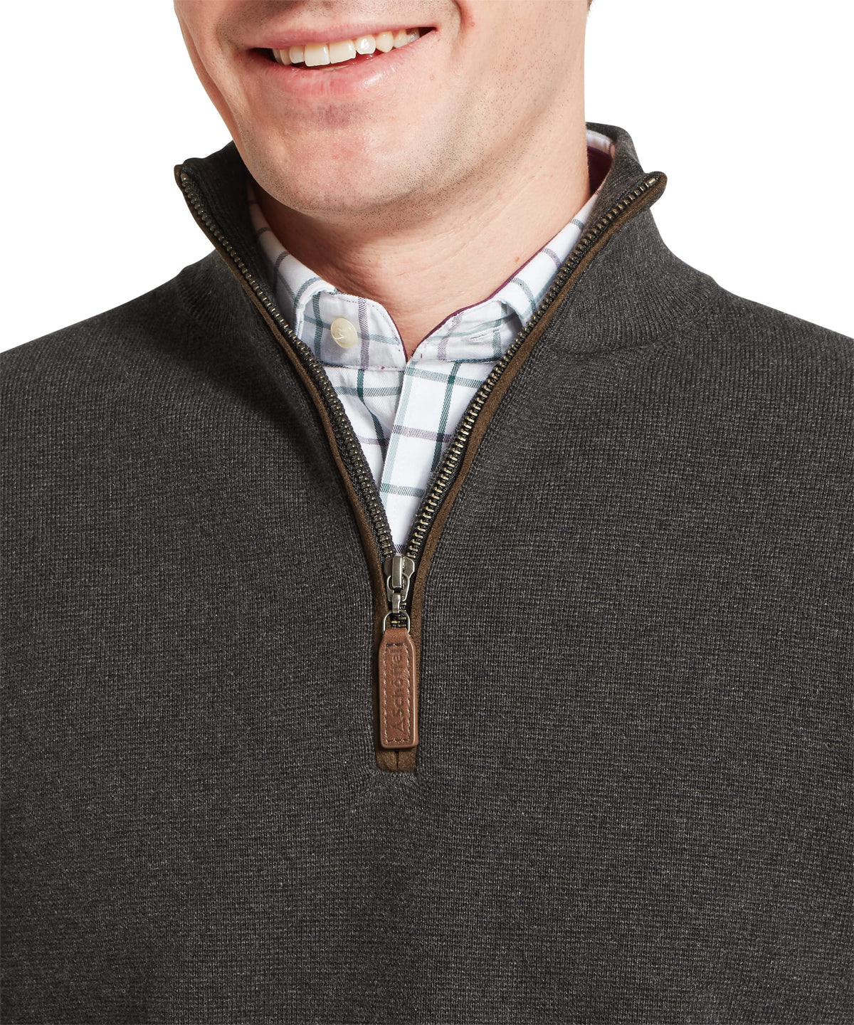 Dark gray textured knit marlow quarter zip jumper with brown leather pull tab on zipper