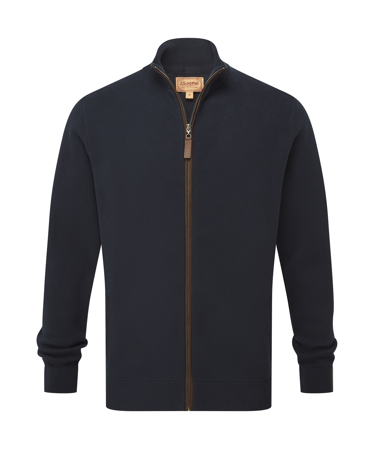 Navy blue knit full zip jumper with brown leather pull tab and zipper designed for casual wear