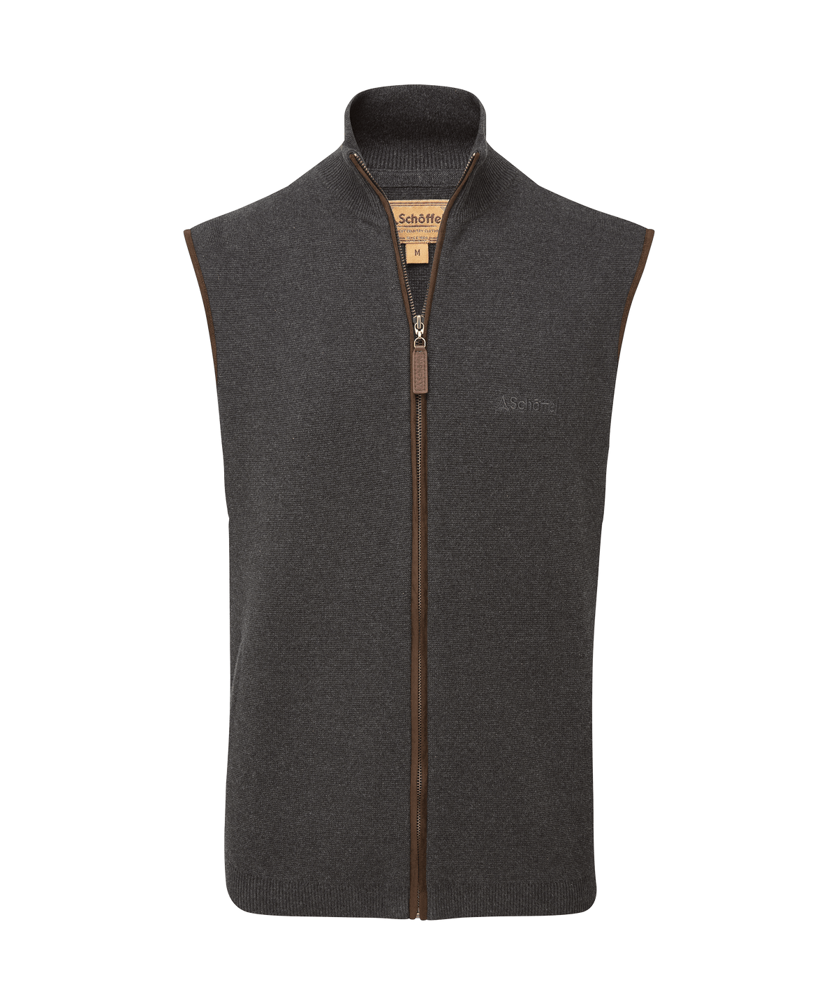 Marlow gilet charcoal dark gray knit vest with brown zipper and leather pull tab featuring schöffel