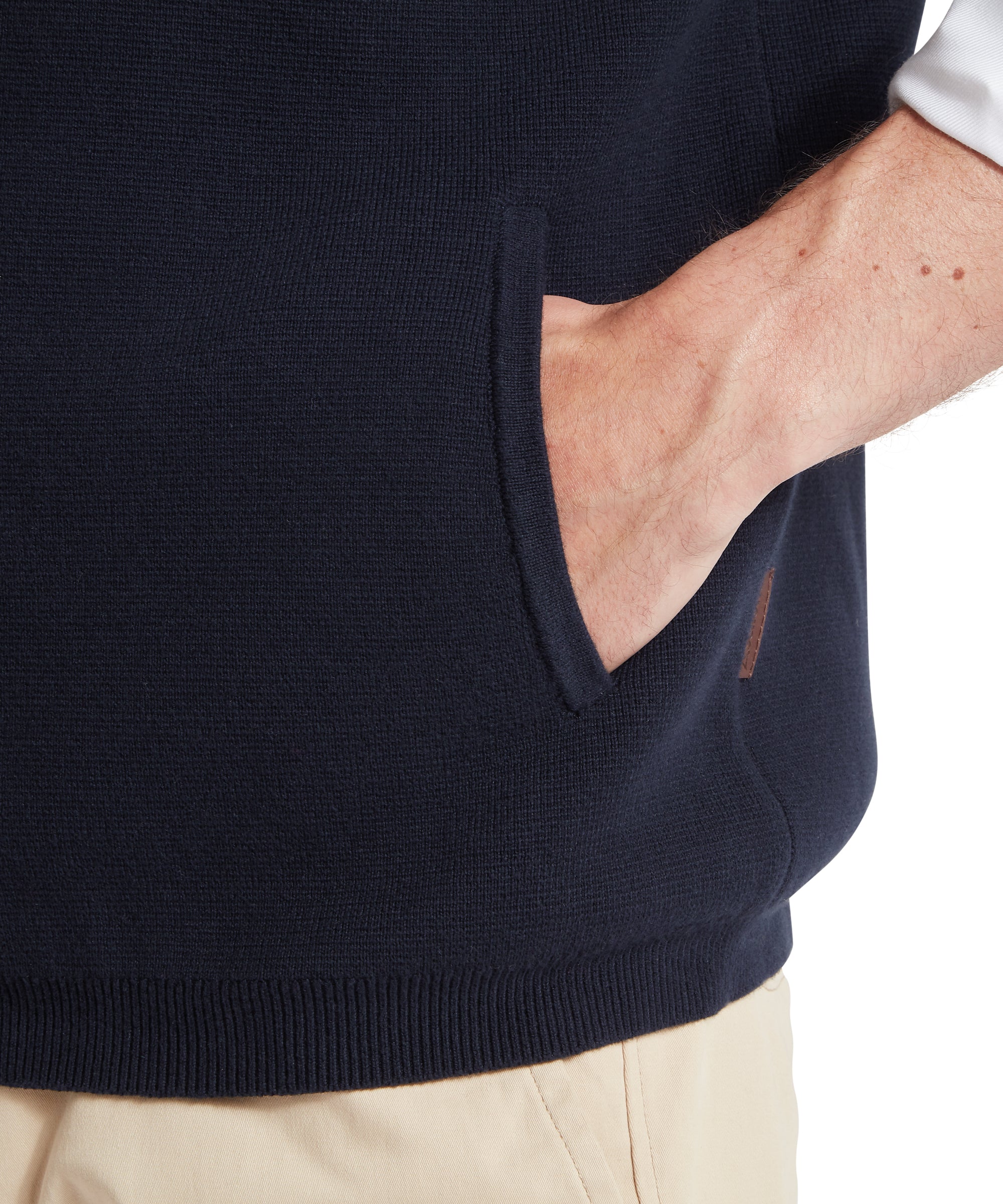 Navy blue knitted Marlow gilet with ribbed hem and side pocket perfect for layering and casual wear