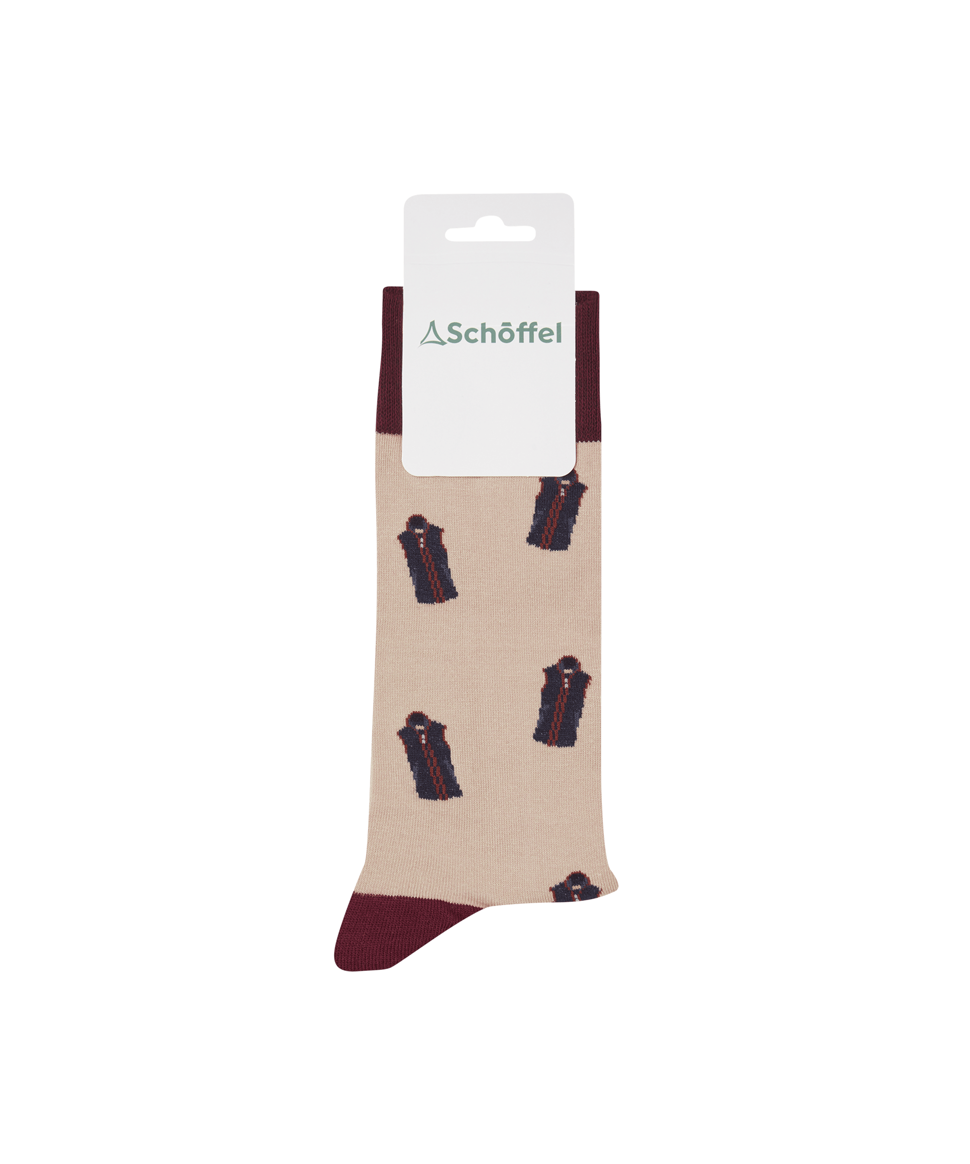 Men’s single cotton socks stone oakham in beige with dark red and black patterns and matching