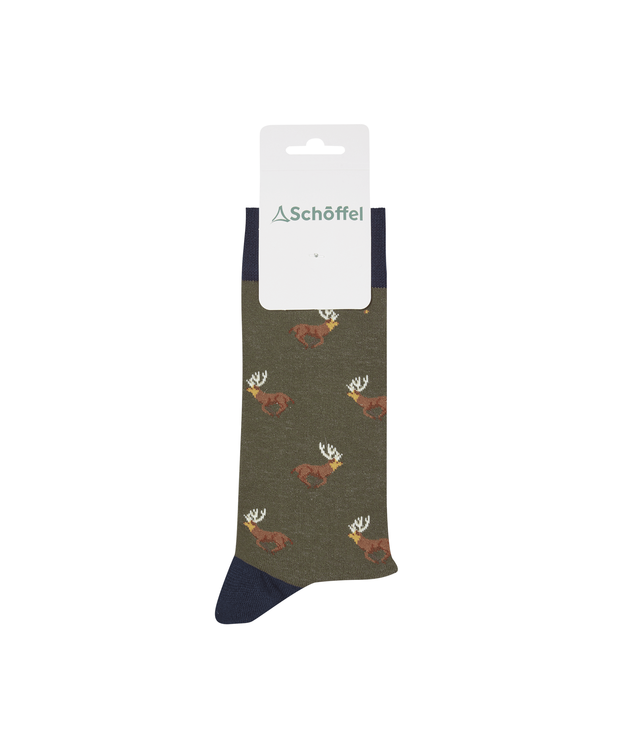 Men’s single cotton socks in olive green with brown deer pattern and white antlers on a schöffel