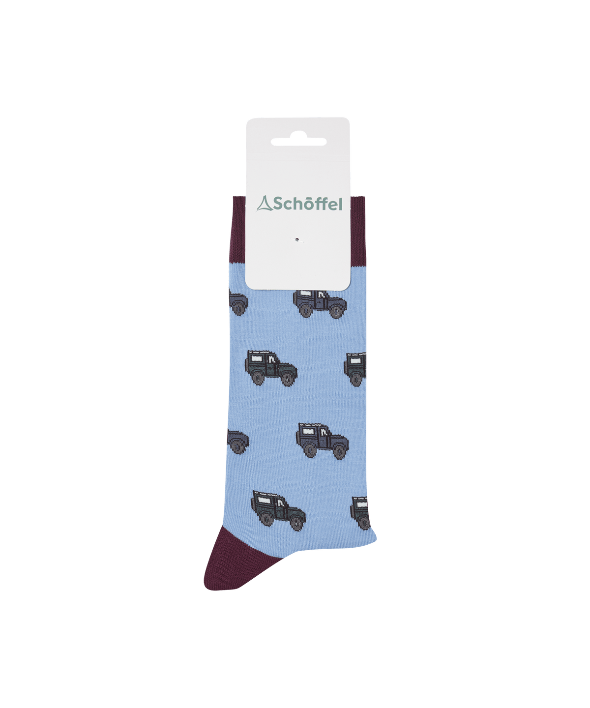 Men’s single cotton socks blue off roader featuring light blue fabric with black jeep patterns