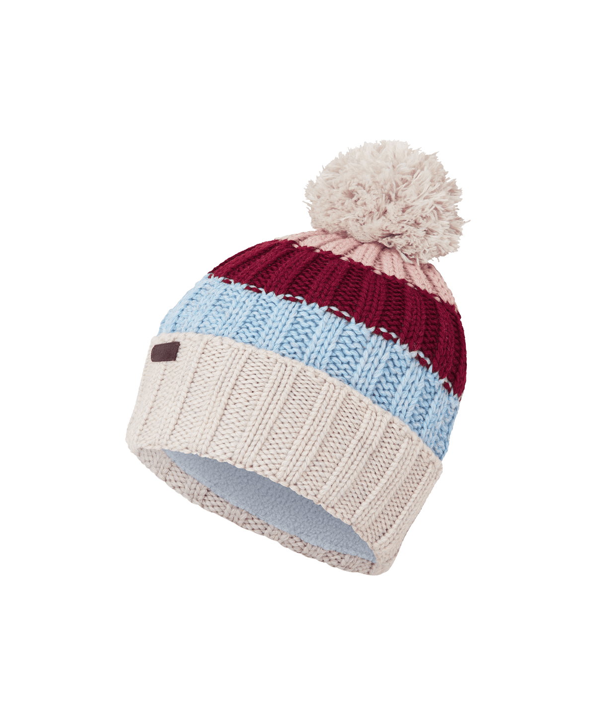 Millford bobble hat cozy knitted beanie with maroon light blue and cream stripes and off-white